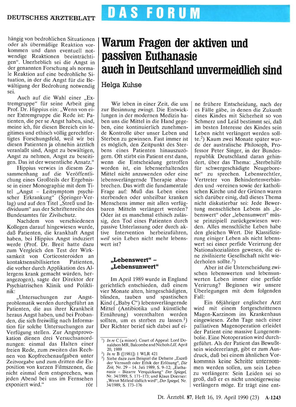 Vorschauseite 1: Warum Fragen der aktiven und passiven Euthanasie auch in Deutschland unvermeidlich sind