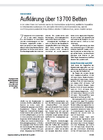 Vorschauseite 1: Intensivbetten: Aufklärung über 13 700 Betten