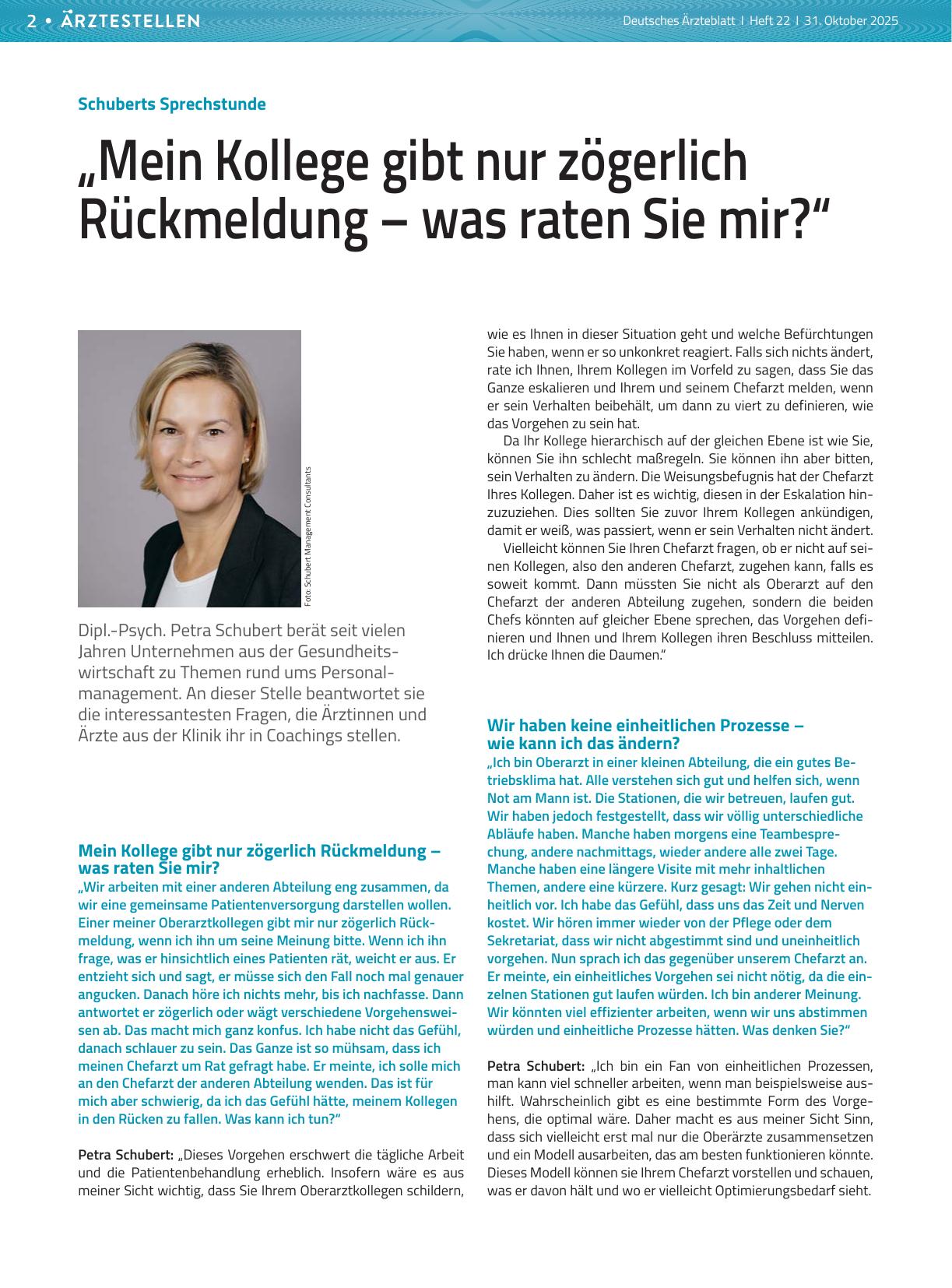 Vorschauseite 1: Schuberts Sprechstunde: „Mein Kollege gibt nur zögerlich Rückmeldung – was raten Sie mir? “