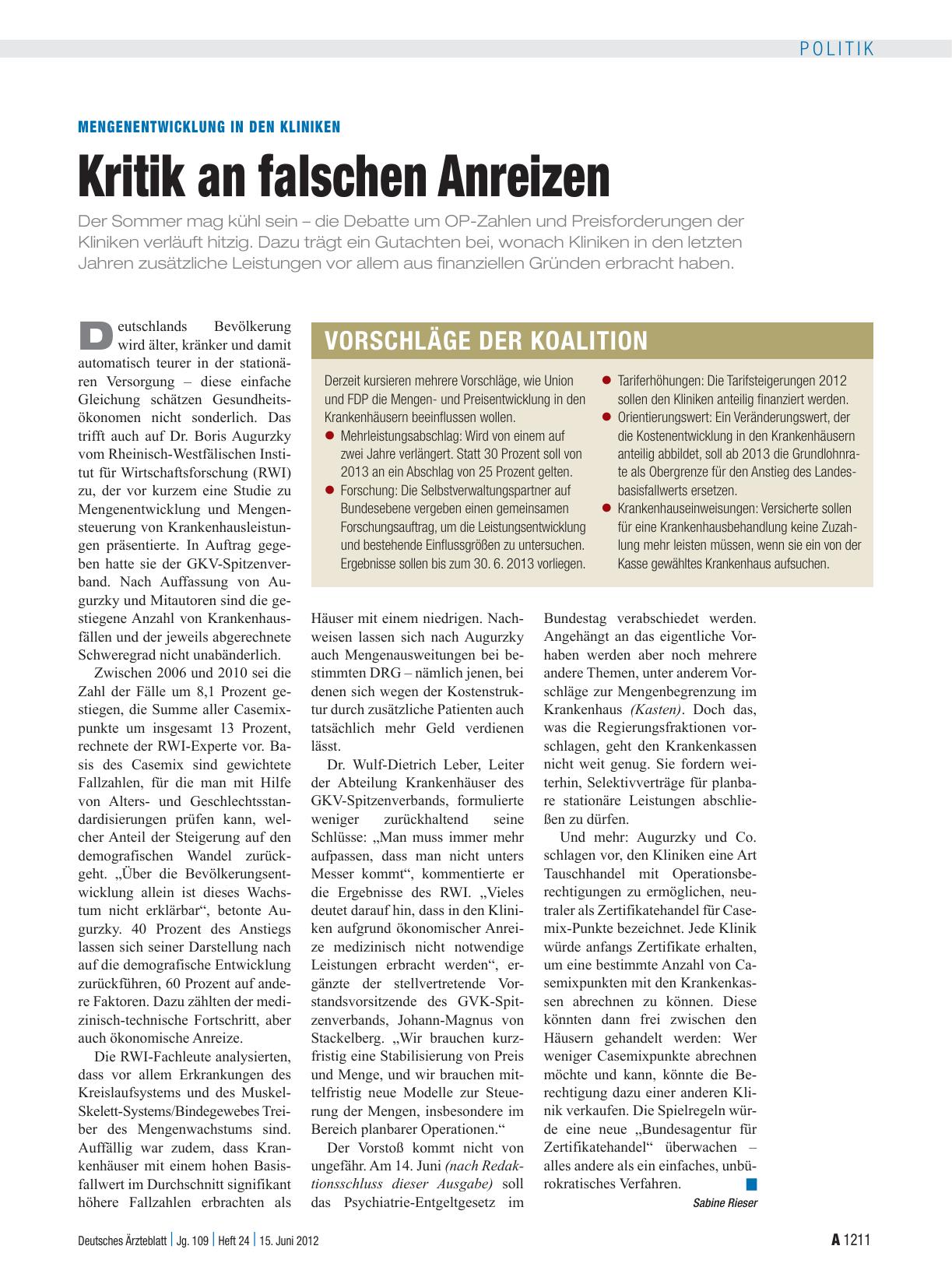 Vorschauseite 1: Mengenentwicklung in den Kliniken: Kritik an falschen Anreizen