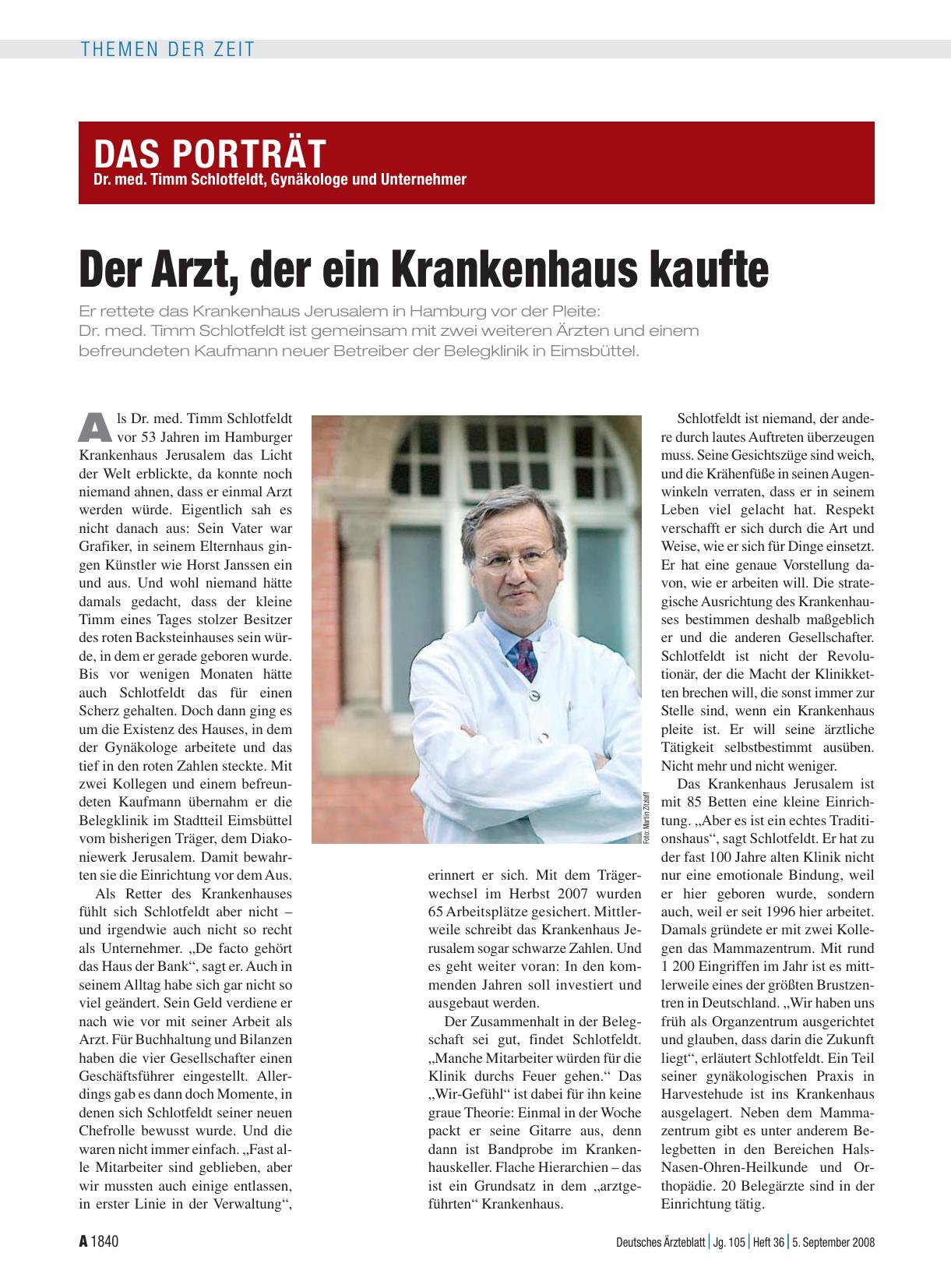 Vorschauseite 1: Das Porträt: Dr. med. Timm Schlotfeldt, Gynäkologe und Unternehmer - der Arzt, der ein Krankenhaus kaufte