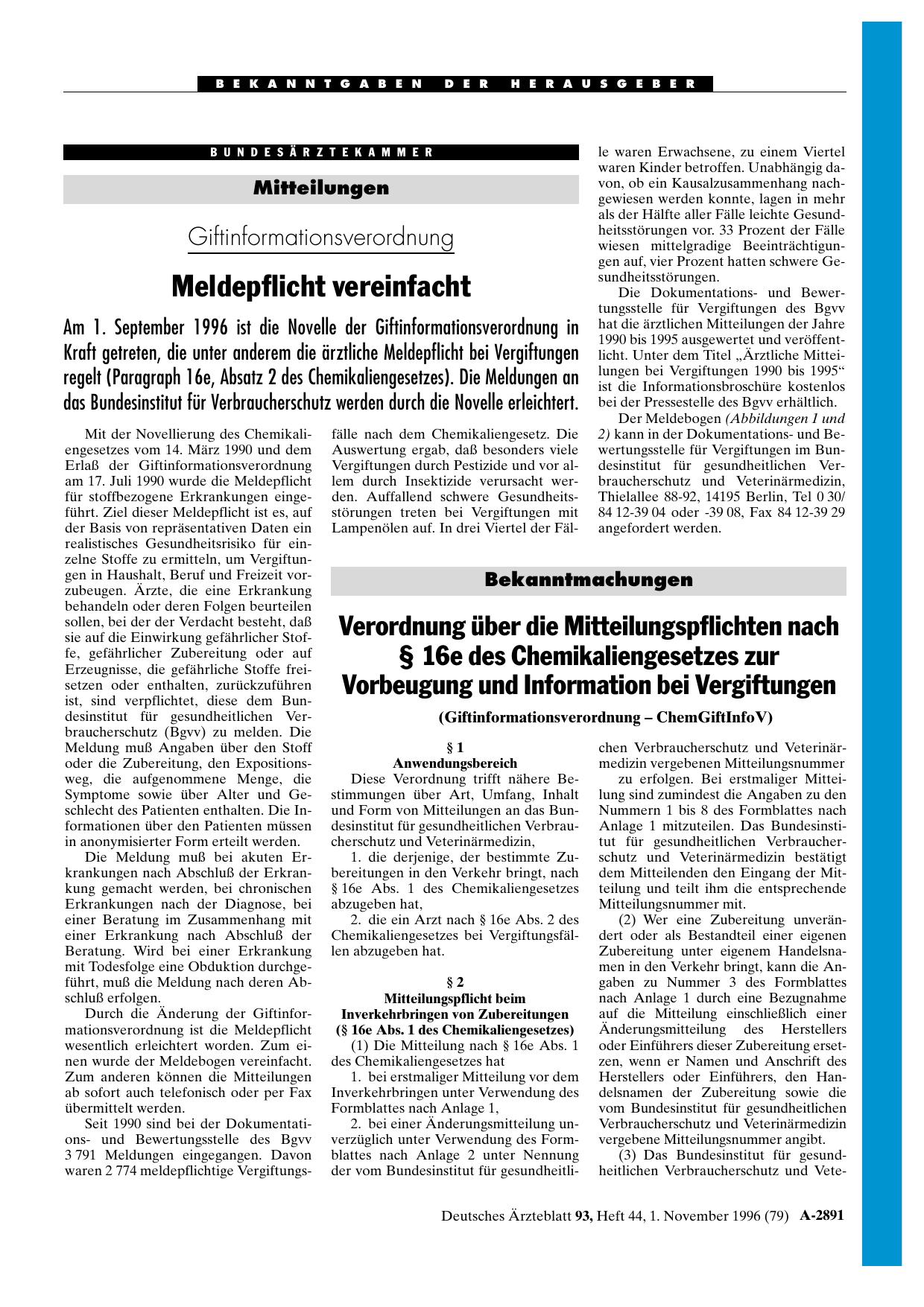 Vorschauseite 1: Mitteilungen: Giftinformationsverordnung Meldepflicht vereinfacht