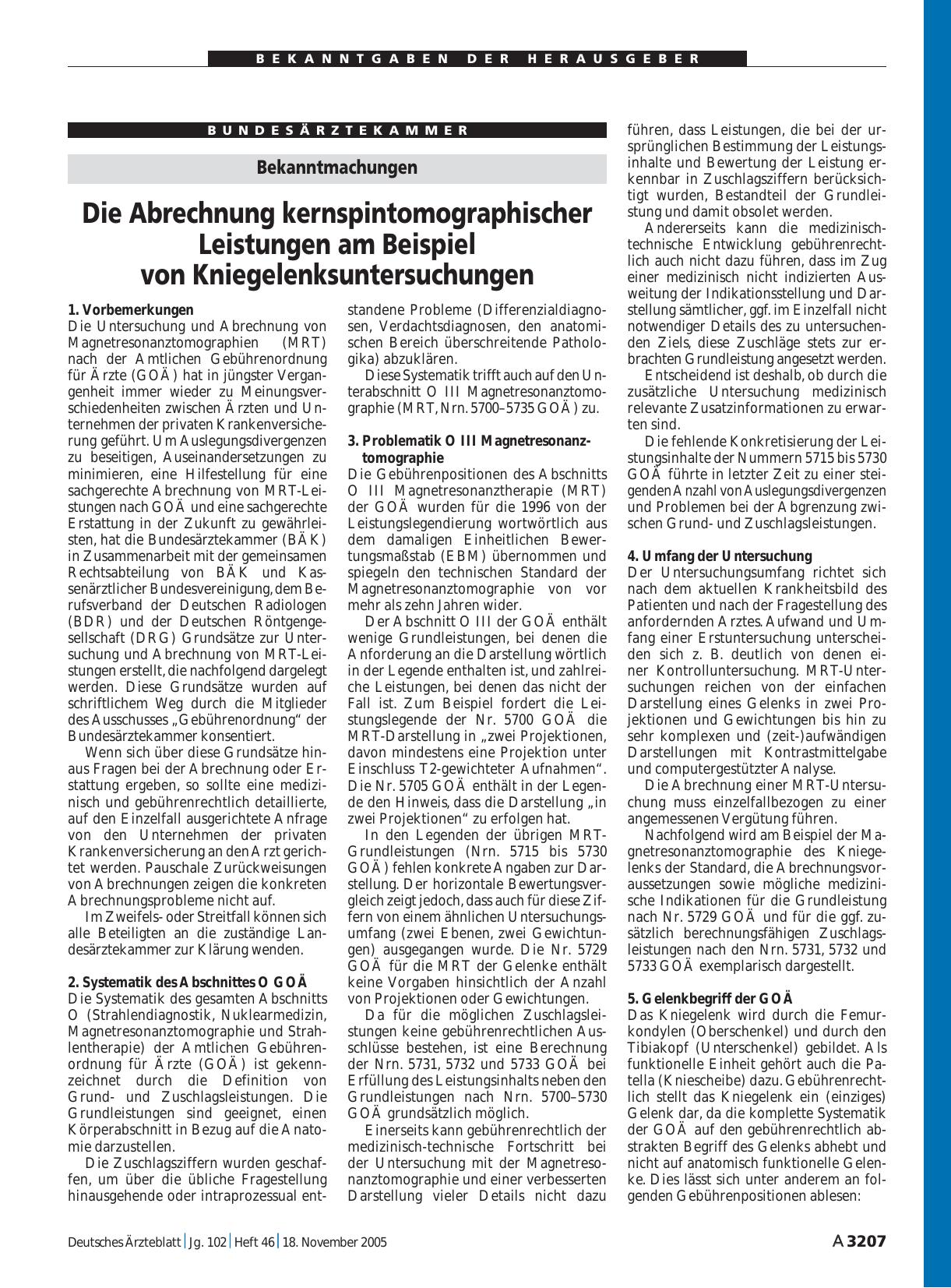 Vorschauseite 1: Bekanntmachungen: Die Abrechnung kernspintomographischer Leistungen am Beispiel von Kniegelenksuntersuchungen