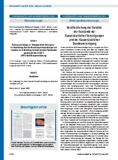 Vorschauseite 1: Veröffentlichung der Gehälter der Vorstände der Kassenärztlichen Vereinigungen und der Kassenärztlichen Bundesvereinigung