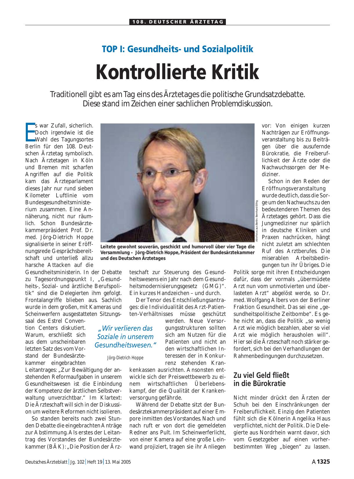 Vorschauseite 1: TOP I - Gesundheitsund Sozialpolitik: Kontrollierte Kritik