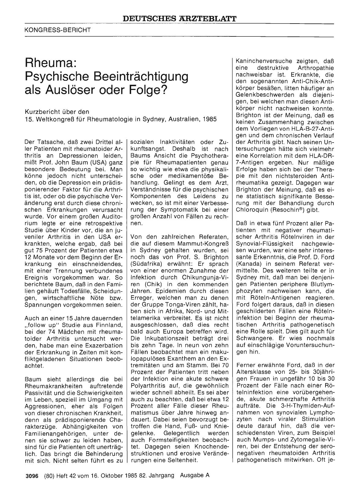 Vorschauseite 1: Rheuma: Psychische Beeinträchtigung als Auslöser oder Folge? - Kurzbericht über den 15. Weltkongreß für Rheumatologie in Sydney, Australien, 1985