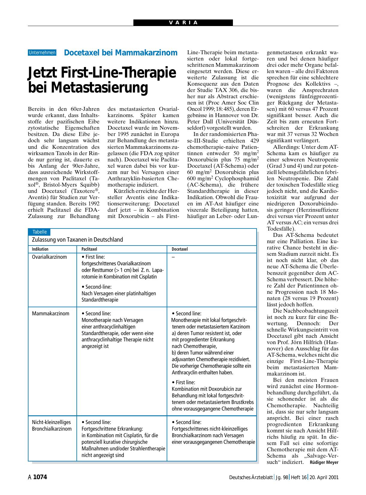 Vorschauseite 1: Docetaxel bei Mammakarzinom: Jetzt First-Line-Therapie bei Metastasierung