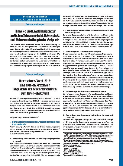 Vorschauseite 1: Hinweise und Empfehlungen zur ärztlichen Schweigepflicht, Datenschutz und Datenverarbeitung in der Arztpraxis