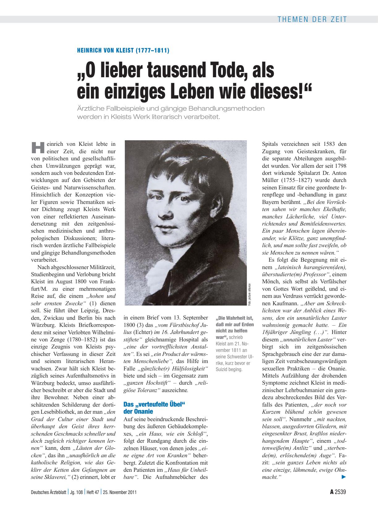 Vorschauseite 1: Heinrich von Kleist (1777–1811): „O lieber tausend Tode, als ein einziges Leben wie dieses!“