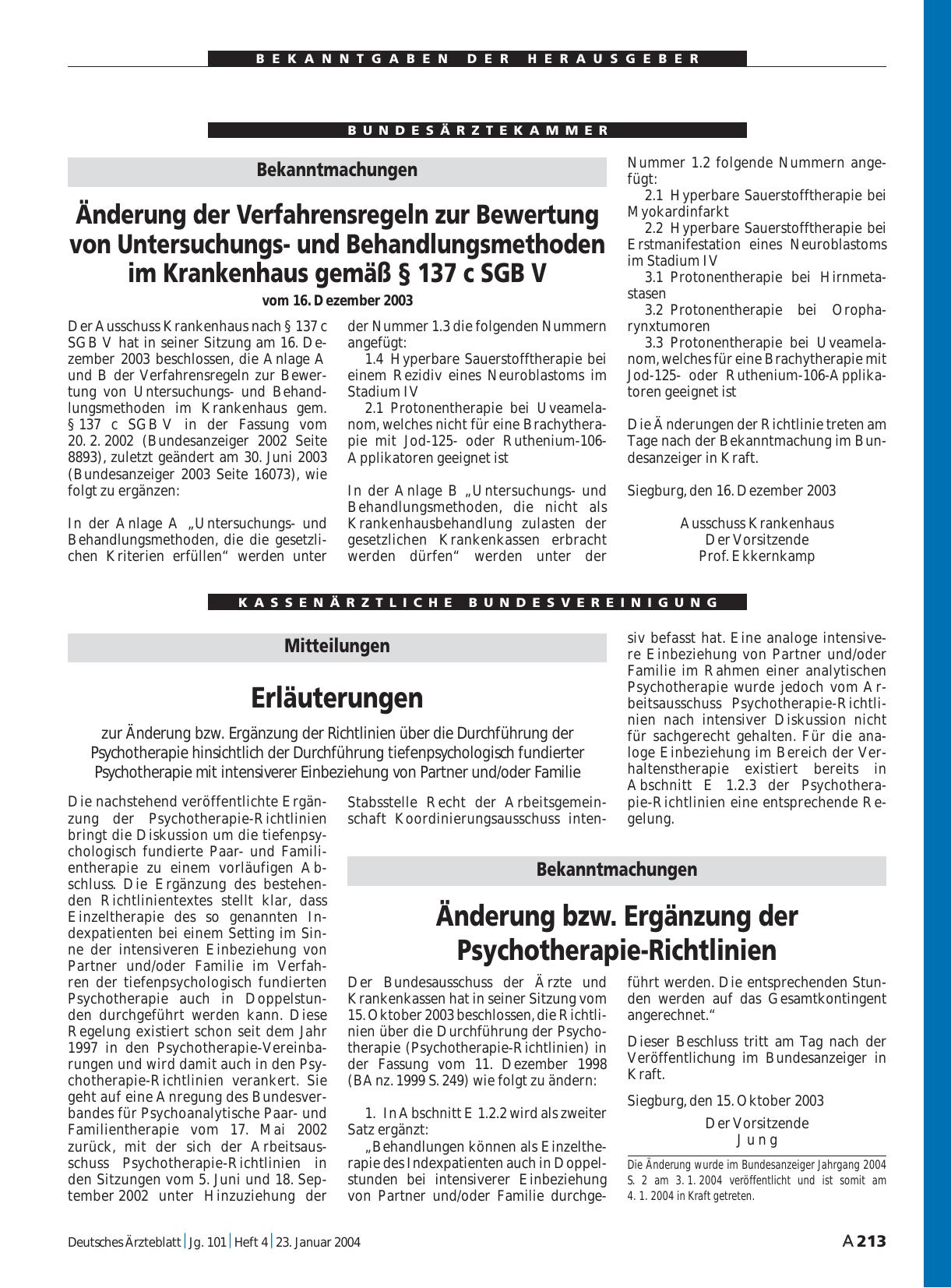 Vorschauseite 1: Mitteilungen: Erläuterungen zur Änderung bzw. Ergänzung der Richtlinien über die Durchführung der Psychotherapie hinsichtlich der Durchführung tiefenpsychologisch fundierter Psych…