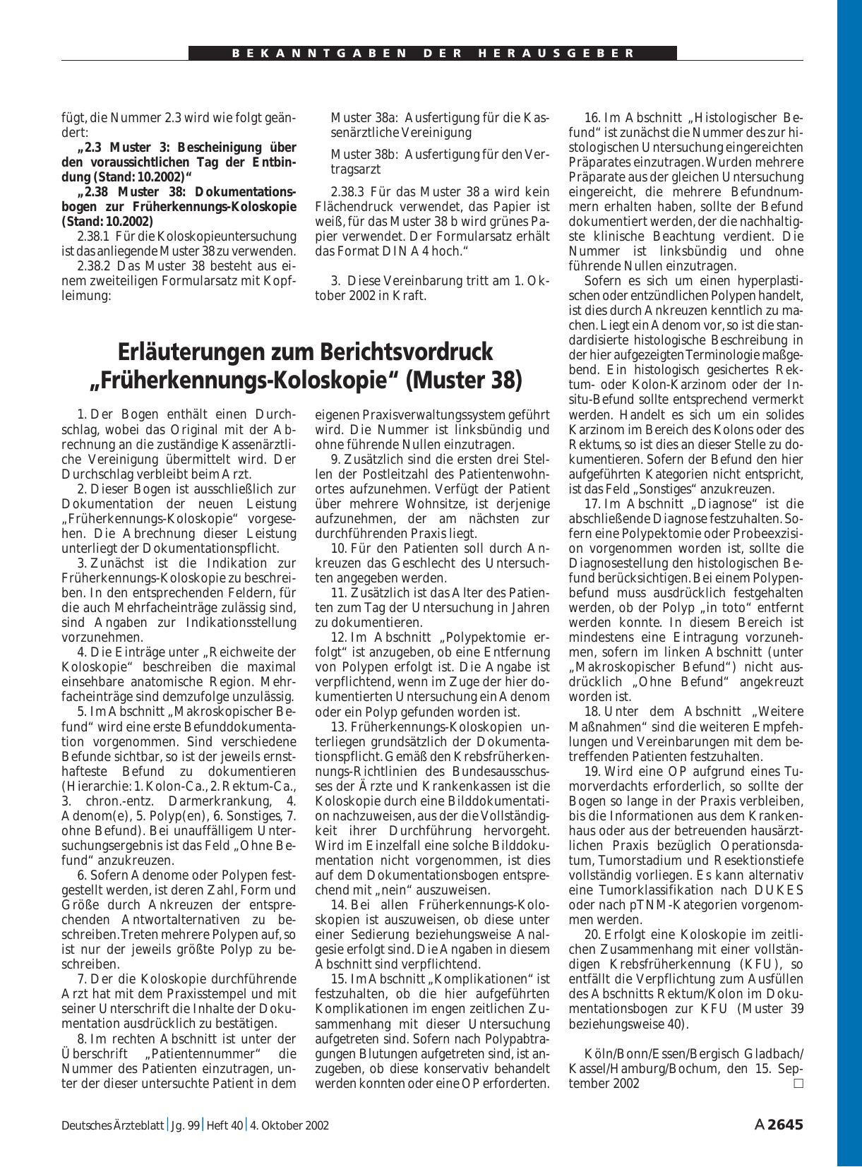 Vorschauseite 1: Erläuterungen zum Berichtsvordruck „Früherkennungs-Koloskopie“ (Muster 38)
