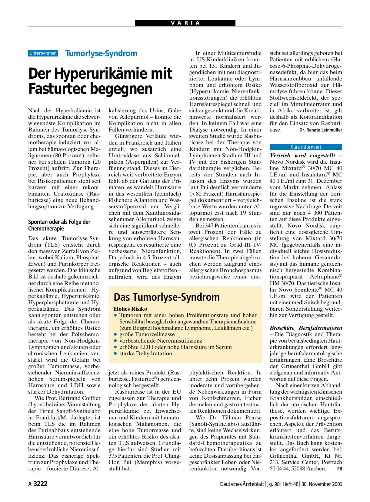 Vorschauseite 1: Tumorlyse-Syndrom: Der Hyperurikämie mit Fasturtec begegnen