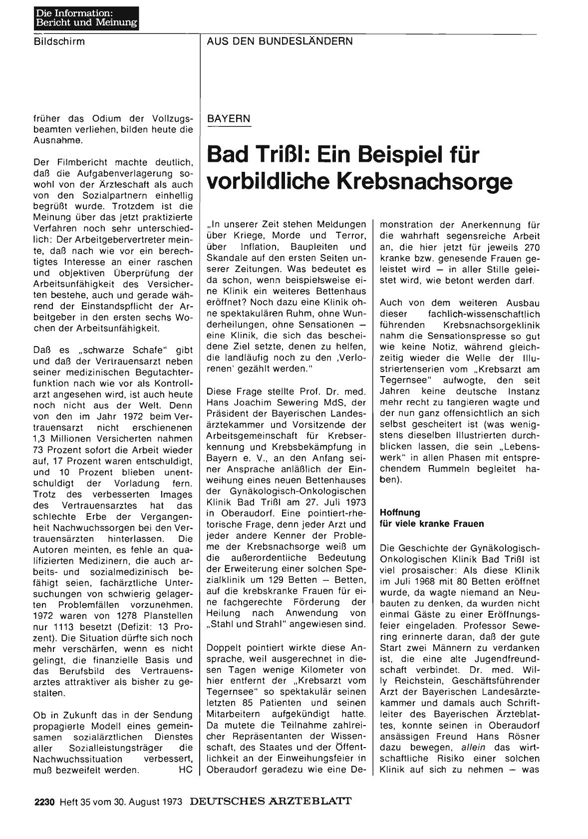 Vorschauseite 1: BAYERN: Bad Trißl: Ein Beispiel für vorbildliche Krebsnachsorge