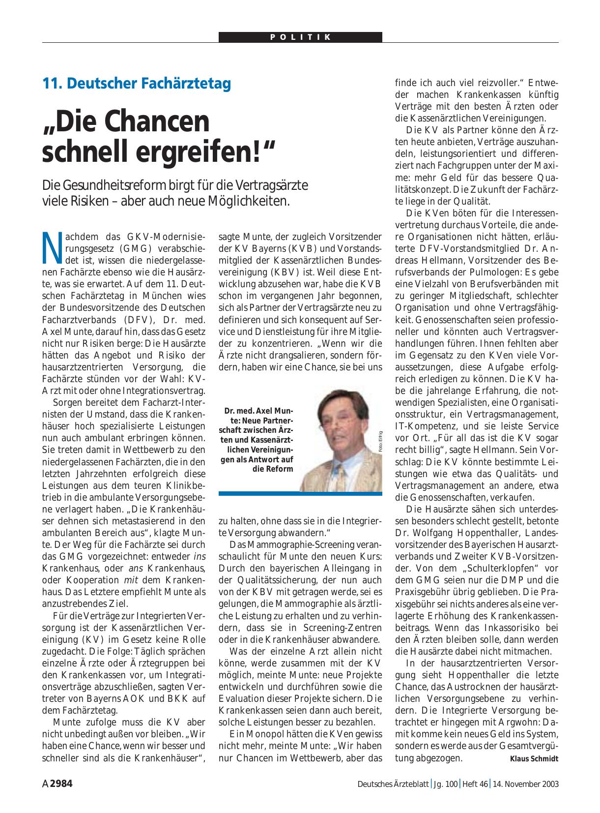 Vorschauseite 1: 11. Deutscher Fachärztetag: „Die Chancen schnell ergreifen! “