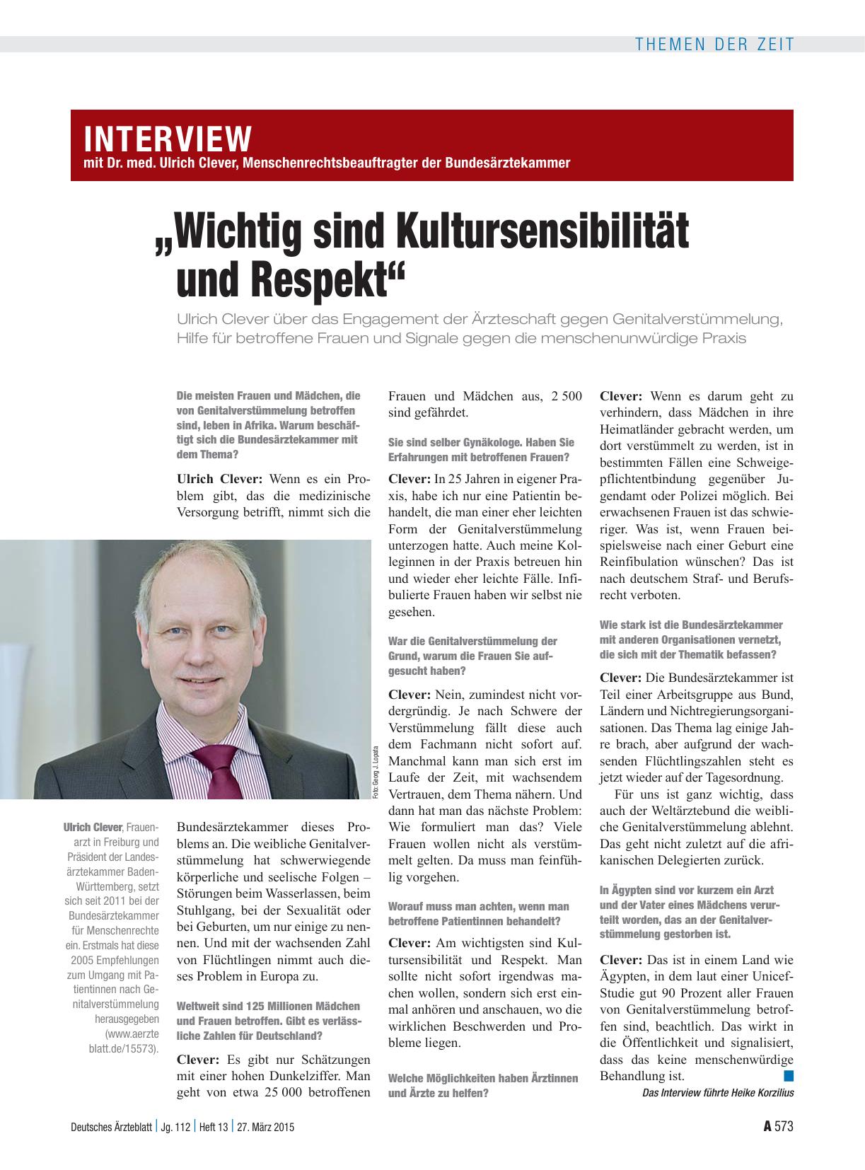 Vorschauseite 1: Interview mit Dr. med. Ulrich Clever, Menschenrechtsbeauftragter der Bundesärztekammer: „Wichtig sind Kultursensibilität und Respekt“
