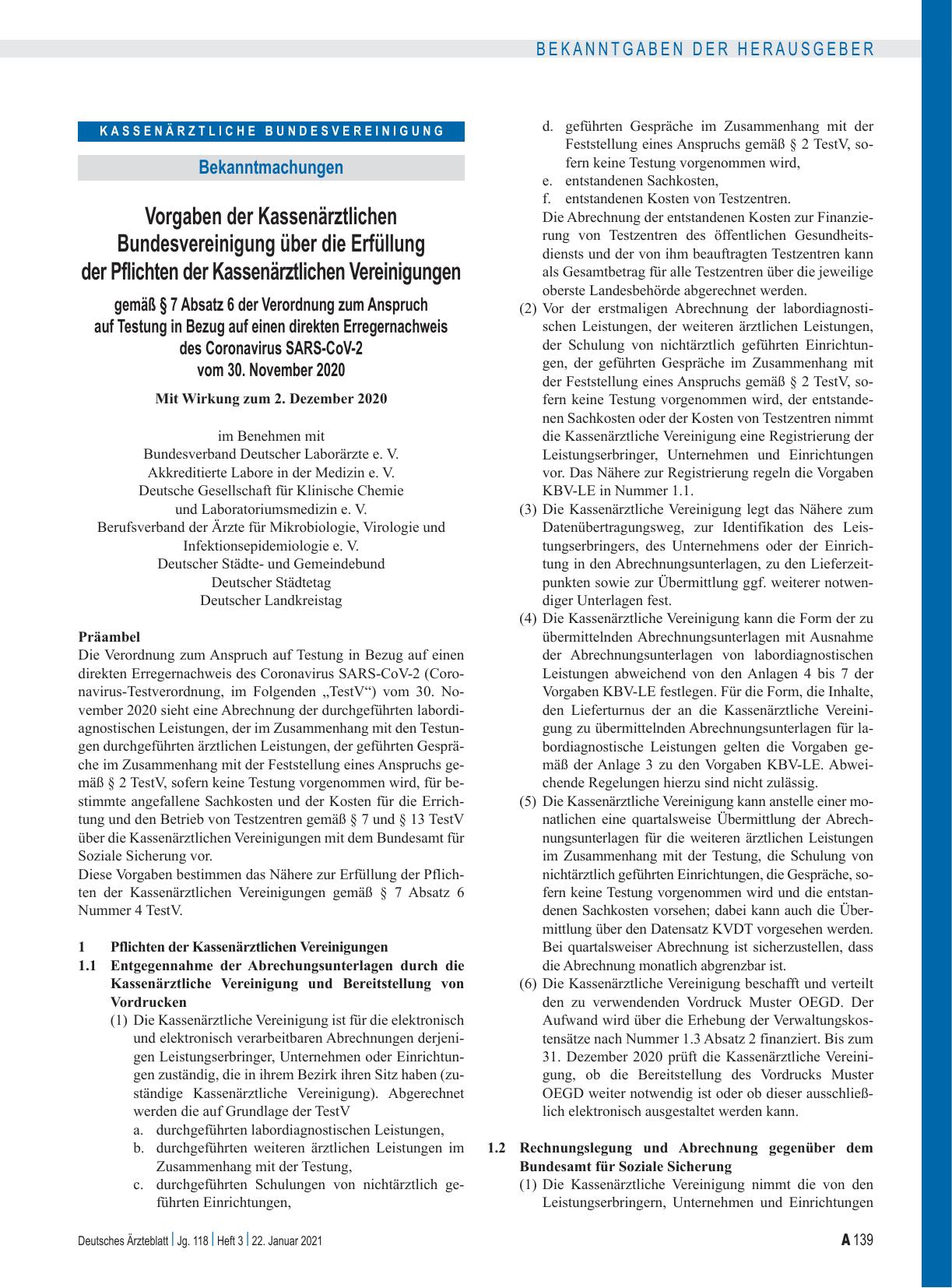Vorschauseite 1: Vorgaben der Kassenärztlichen Bundesvereinigung über die Erfüllung der Pflichten der Kassenärztlichen Vereinigungen gemäß § 7 Absatz 6 der Verordnung zum Anspruch auf Testung in B…