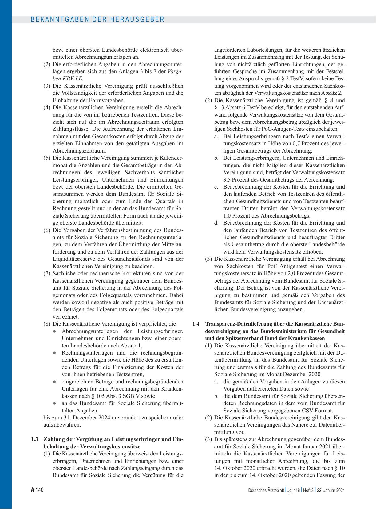 Vorschauseite 2: Vorgaben der Kassenärztlichen Bundesvereinigung über die Erfüllung der Pflichten der Kassenärztlichen Vereinigungen gemäß § 7 Absatz 6 der Verordnung zum Anspruch auf Testung in B…