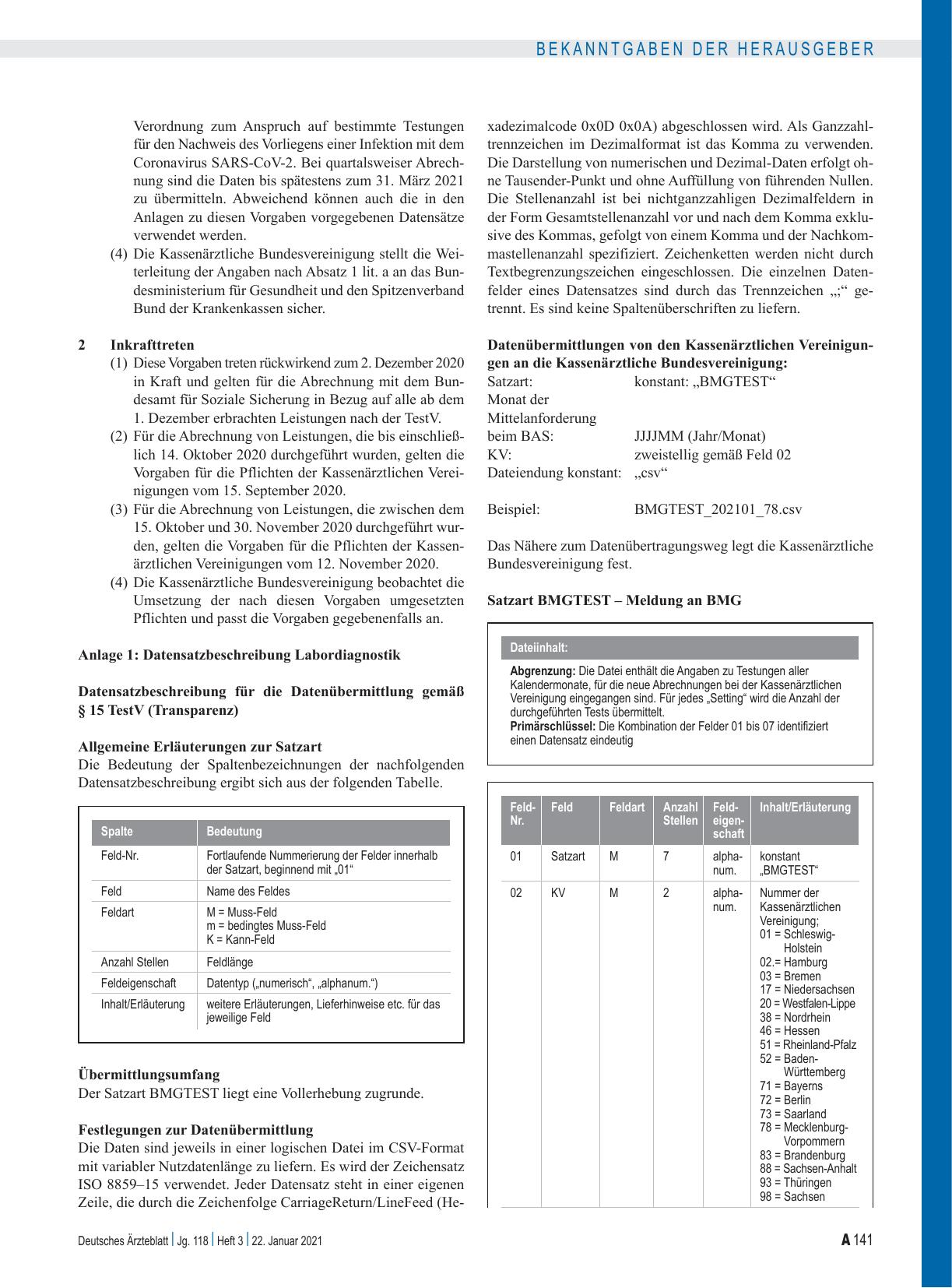 Vorschauseite 3: Vorgaben der Kassenärztlichen Bundesvereinigung über die Erfüllung der Pflichten der Kassenärztlichen Vereinigungen gemäß § 7 Absatz 6 der Verordnung zum Anspruch auf Testung in B…