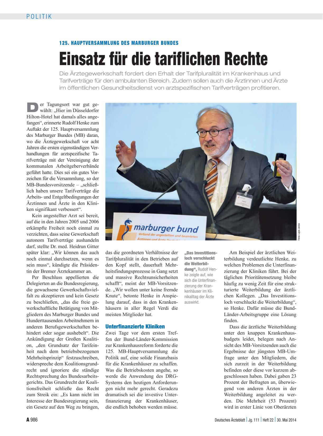 Vorschauseite 1: 125. Hauptversammlung des Marburger Bundes: Einsatz für die tariflichen Rechte