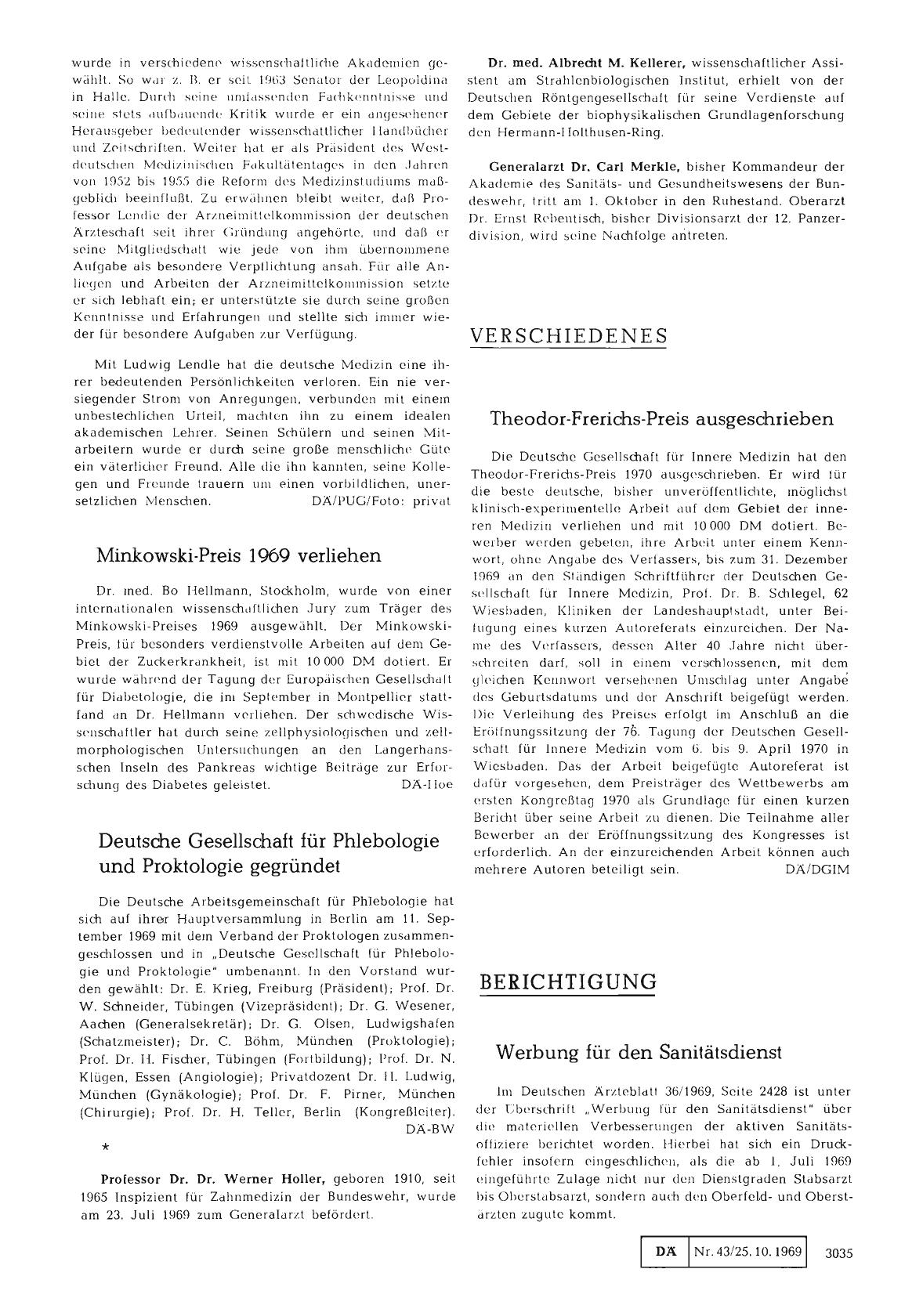 Vorschauseite 1: Minkowski-Preis 1969 verliehen