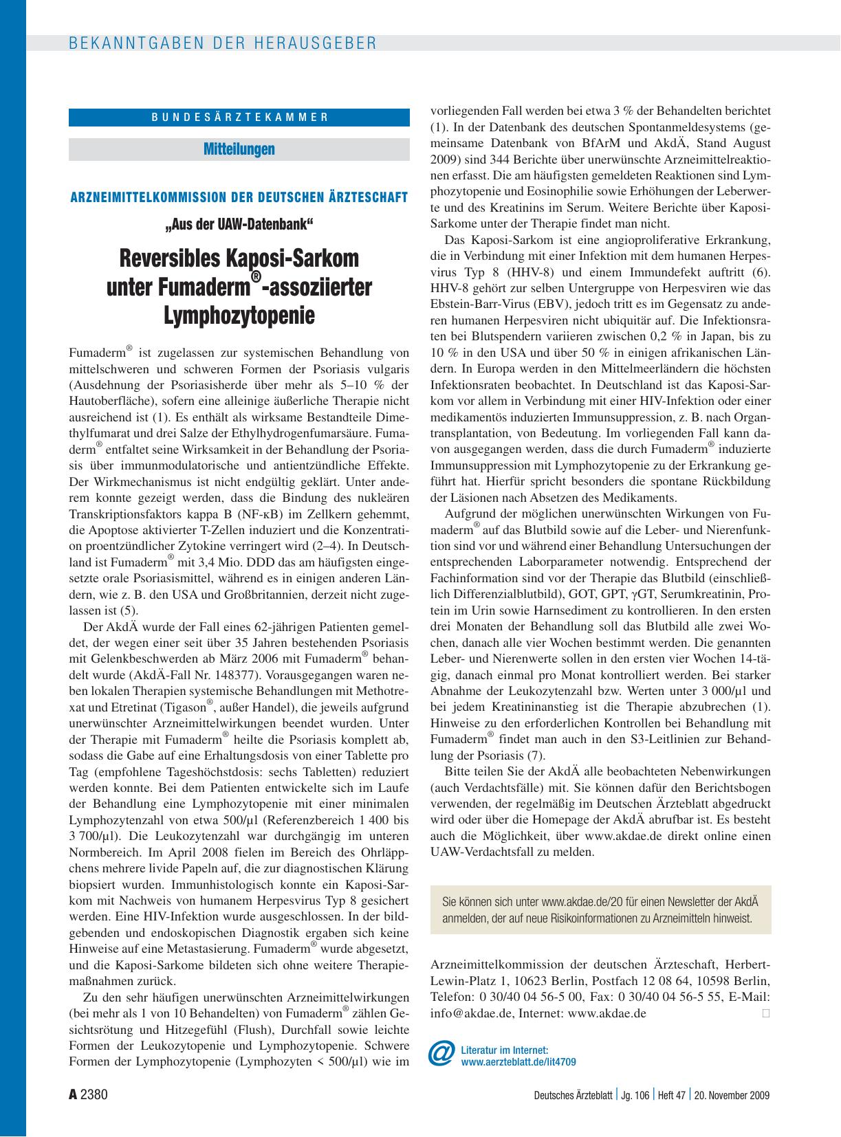 Vorschauseite 1: Arzneimittelkommission der deutschen Ärzteschaft – „Aus der UAW-Datenbank“: Reversibles Kaposi-Sarkom unter Fumaderm®-assoziierter Lymphozytopenie
