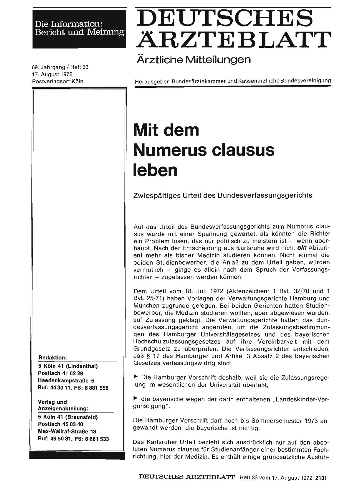 Vorschauseite 1: Mit dem Numerus clausus leben: Zwiespältiges Urteil des Bundesverfassungsgerichts