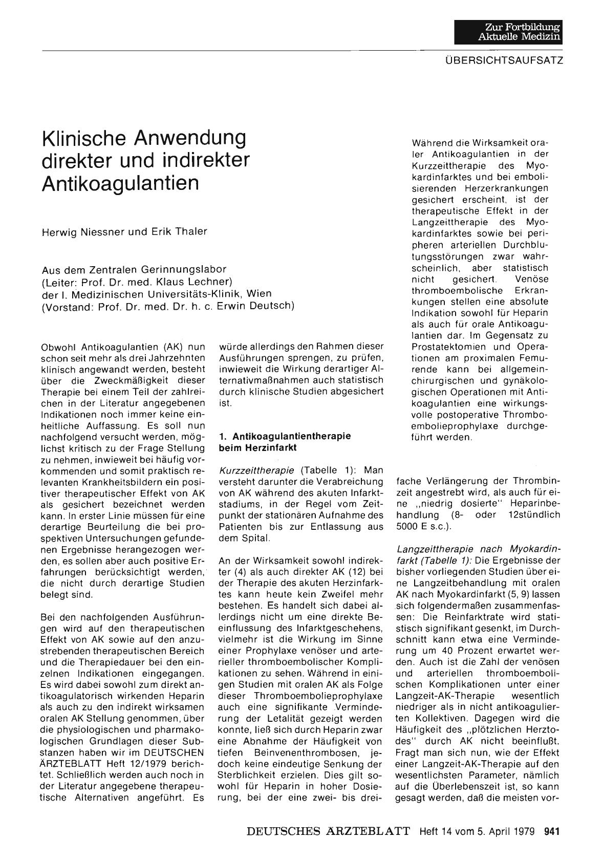 Vorschauseite 1: Klinische Anwendung direkter und indirekter Antikoagulantien