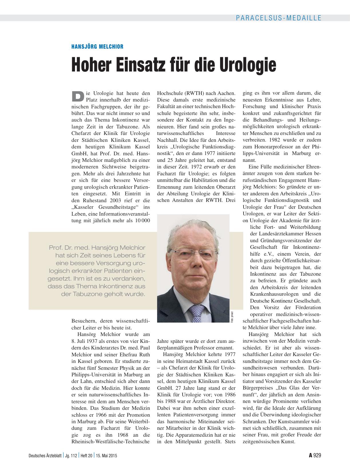 Vorschauseite 1: Hansjörg Melchior: Hoher Einsatz für die Urologie