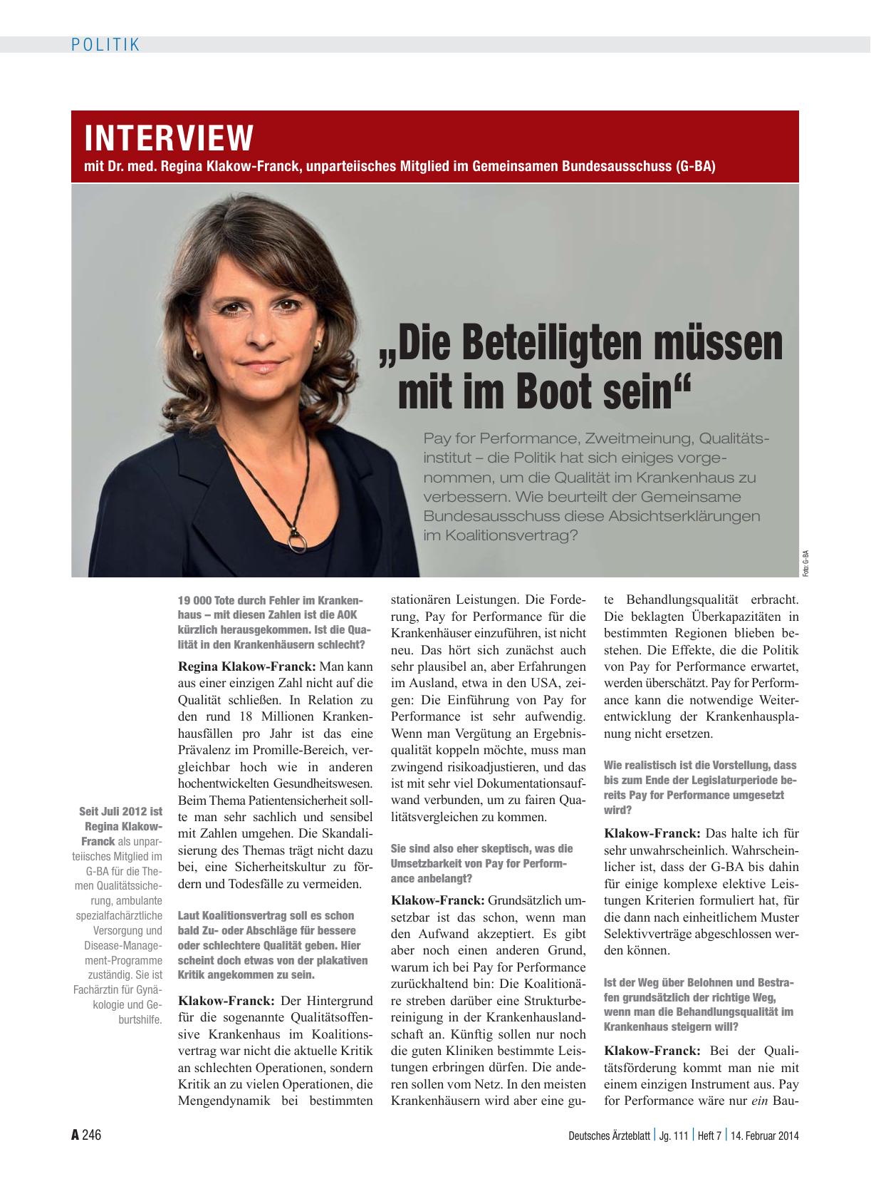 Vorschauseite 1: Interview mit Dr. med. Regina Klakow-Franck, unparteiisches Mitglied im Gemeinsamen Bundesausschuss (G-BA): „Die Beteiligten müssen mit im Boot sein“