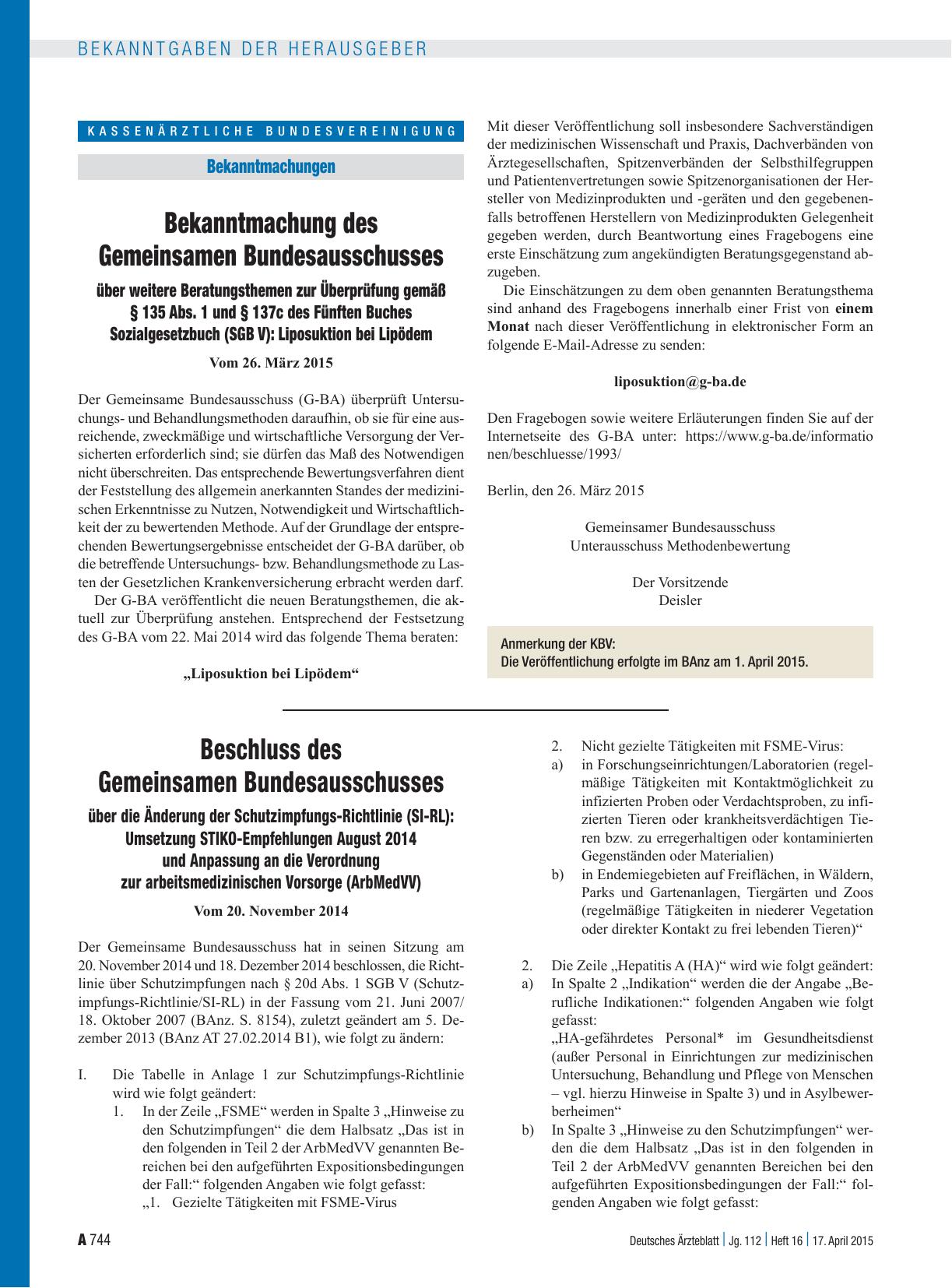 Vorschauseite 1: Bekanntmachung des Gemeinsamen Bundesausschusses über weitere Beratungsthemen zur Überprüfung gemäß § 135 Abs. 1 und § 137c des Fünften Buches Sozialgesetzbuch (SGB V): Liposuktio…