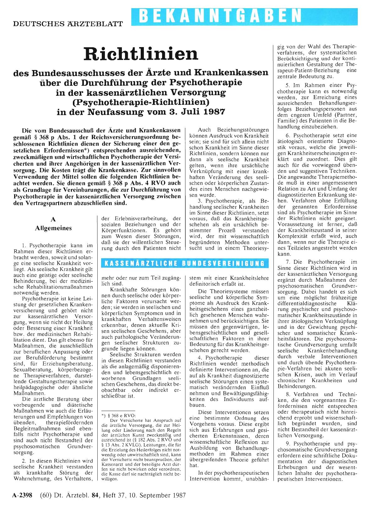 Vorschauseite 1: Richtlinien des Bundesausschusses der Ärzte und Krankenkassen über die Durchführung der Psychotherapie in der kassenärztlichen Versorgung (Psychotherapie-Richtlinien) in der Neufa…