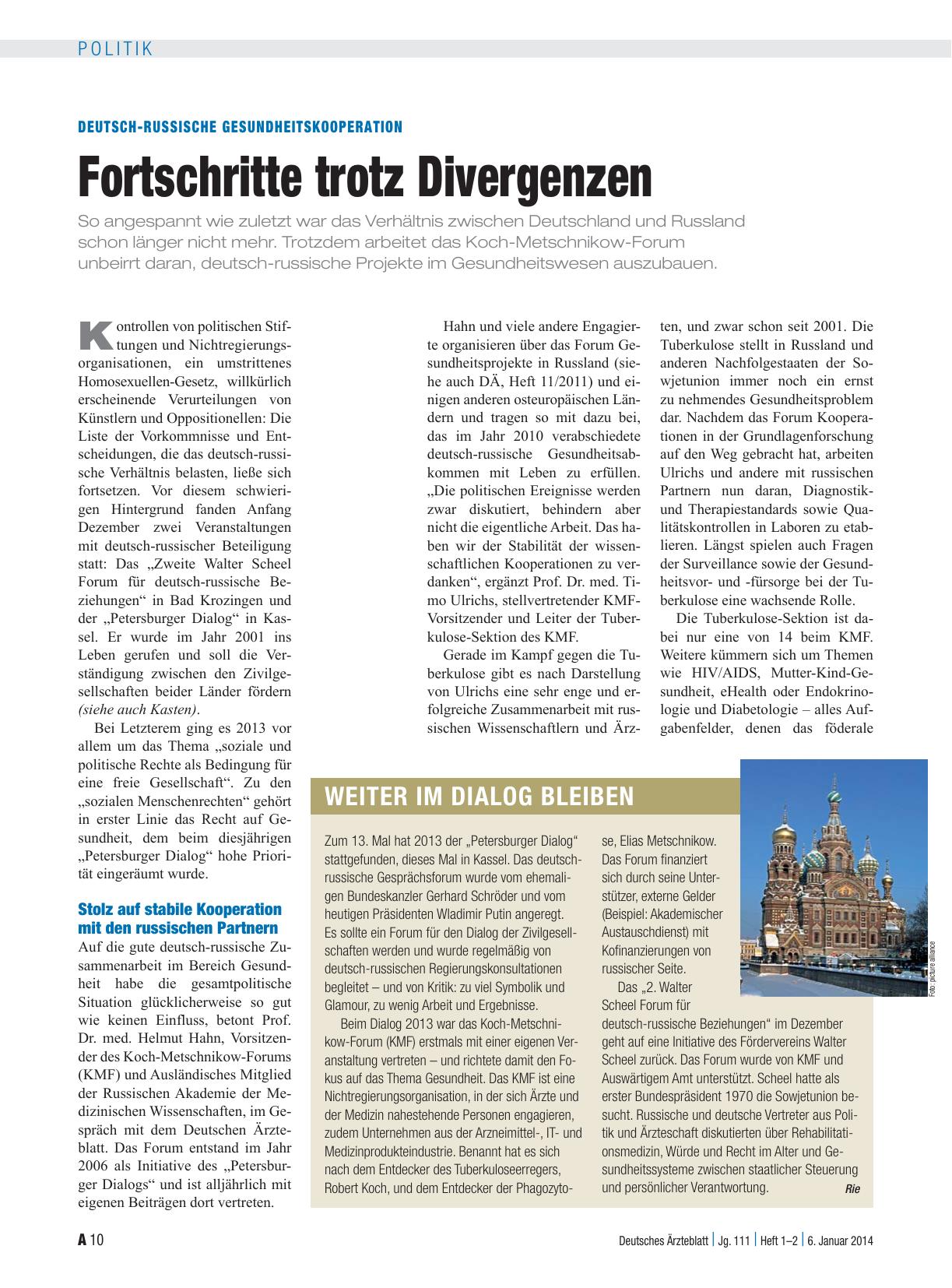 Vorschauseite 1: Deutsch-russische Gesundheitskooperation: Fortschritte trotz Divergenzen