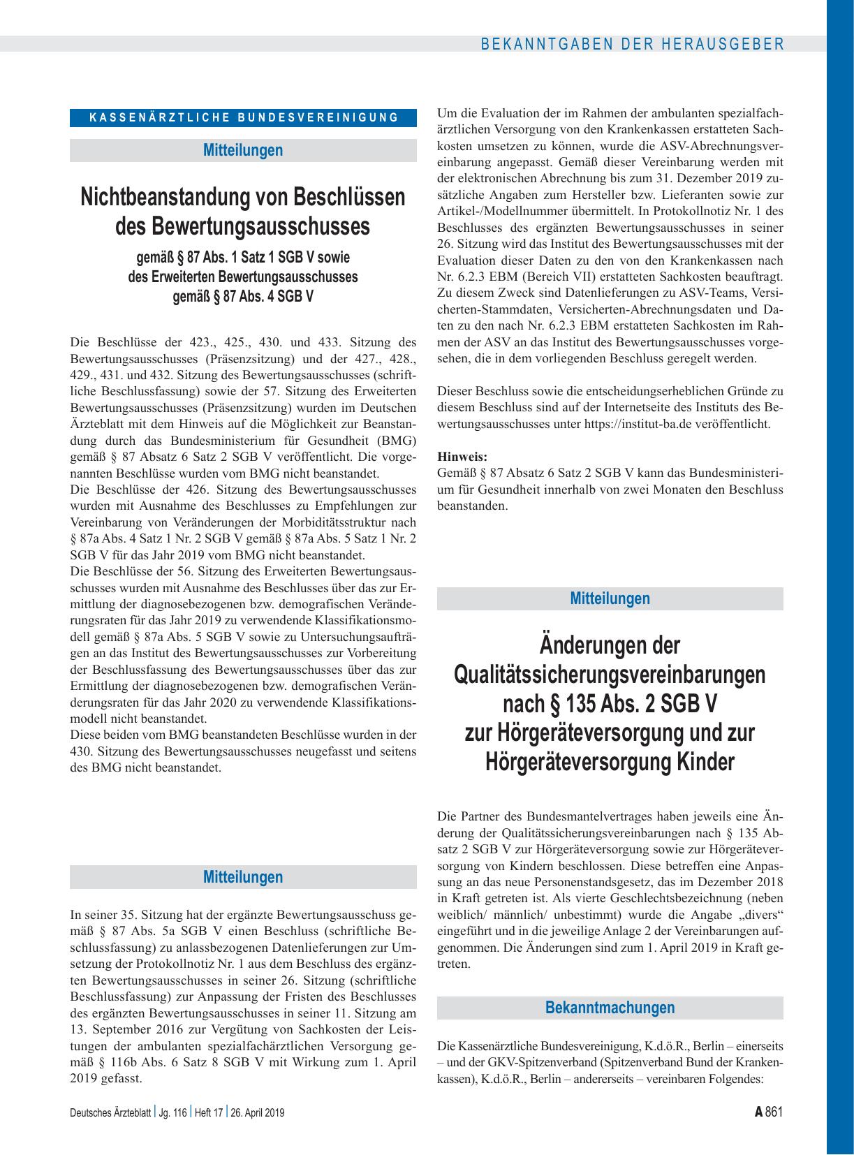 Vorschauseite 1: Änderungen der Qualitätssicherungsvereinbarungen nach § 135 Abs. 2 SGB V zur Hörgeräteversorgung und zur Hörgeräteversorgung Kinder