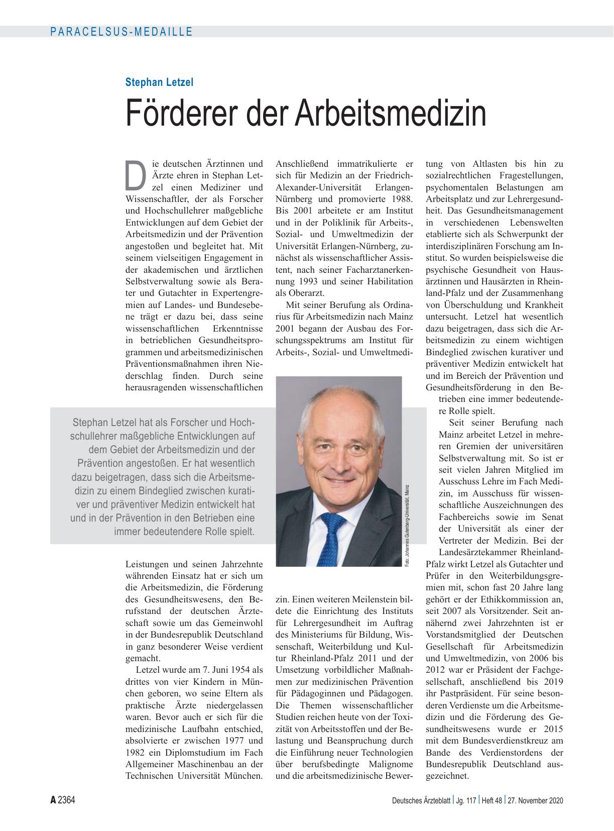 Vorschauseite 1: Stephan Letzel: Förderer der Arbeitsmedizin