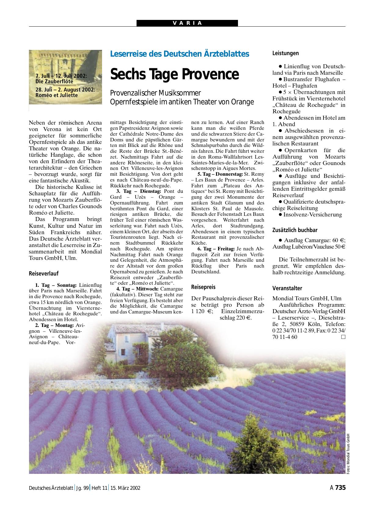 Vorschauseite 1: Leserreise des Deutschen Ärzteblattes: Sechs Tage Provence