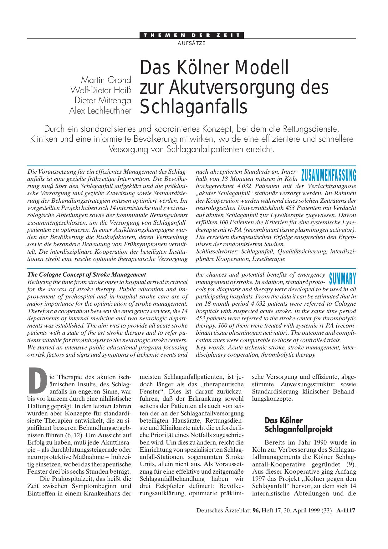 Vorschauseite 1: Das Kölner Modell zur Akutversorgung des Schlaganfalls