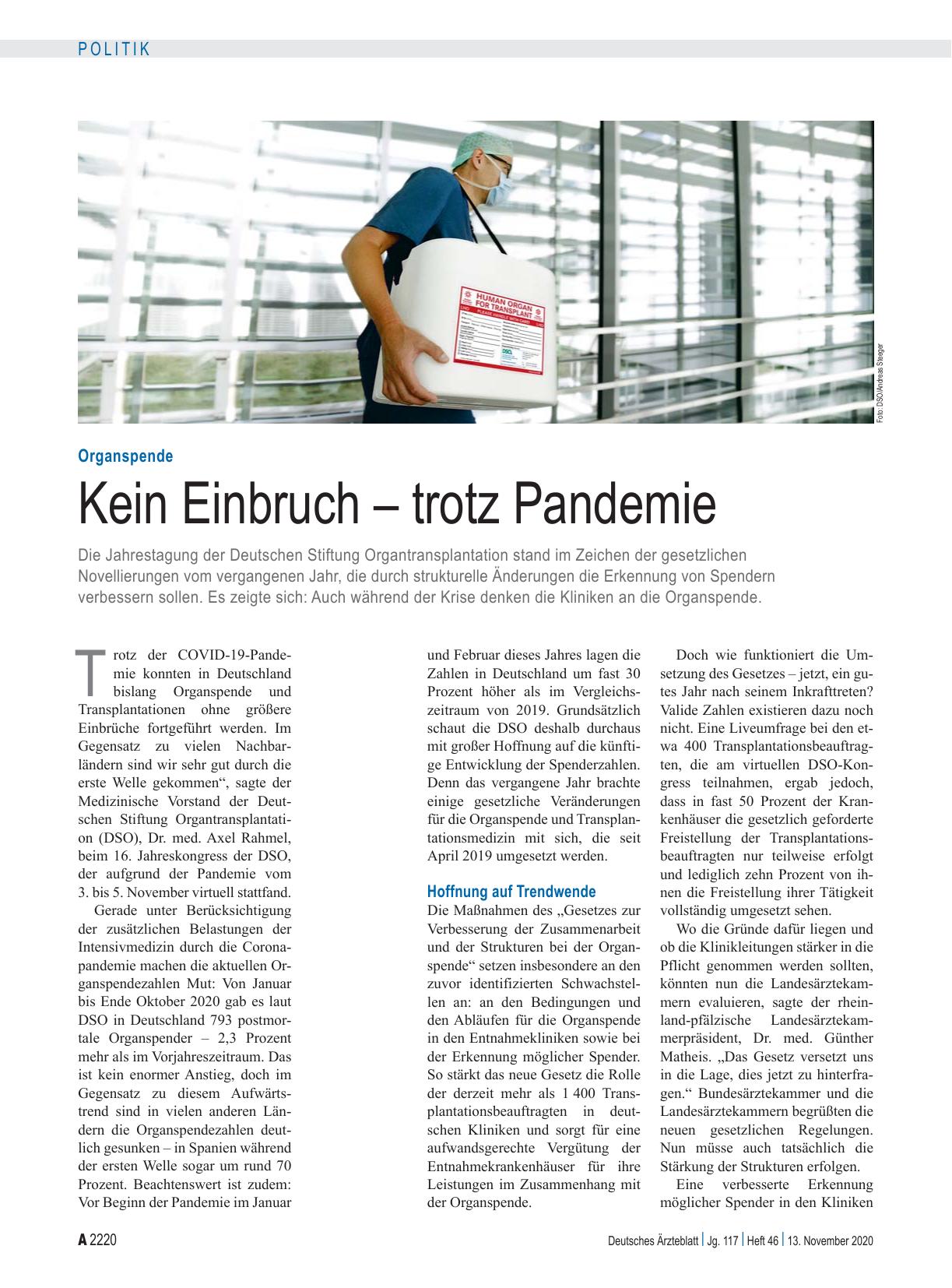 Vorschauseite 1: Organspende: Kein Einbruch – trotz Pandemie