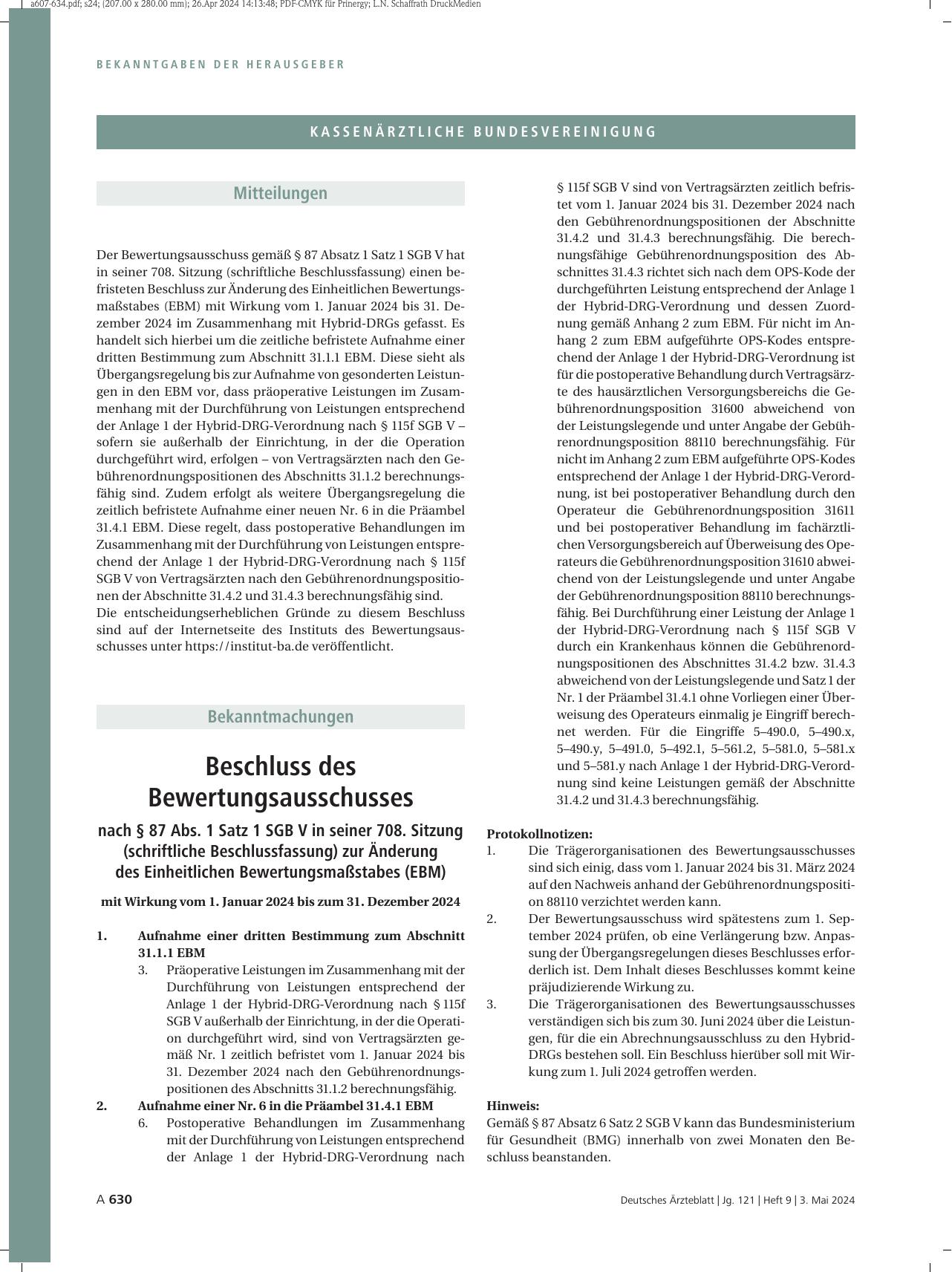 Vorschauseite 1: Beschluss des Bewertungsausschusses nach § 87 Abs. 1 Satz 1 SGB V in seiner 708. Sitzung (schriftliche Beschlussfassung) zur Änderung des Einheitlichen Bewertungsmaßstabes (EBM)