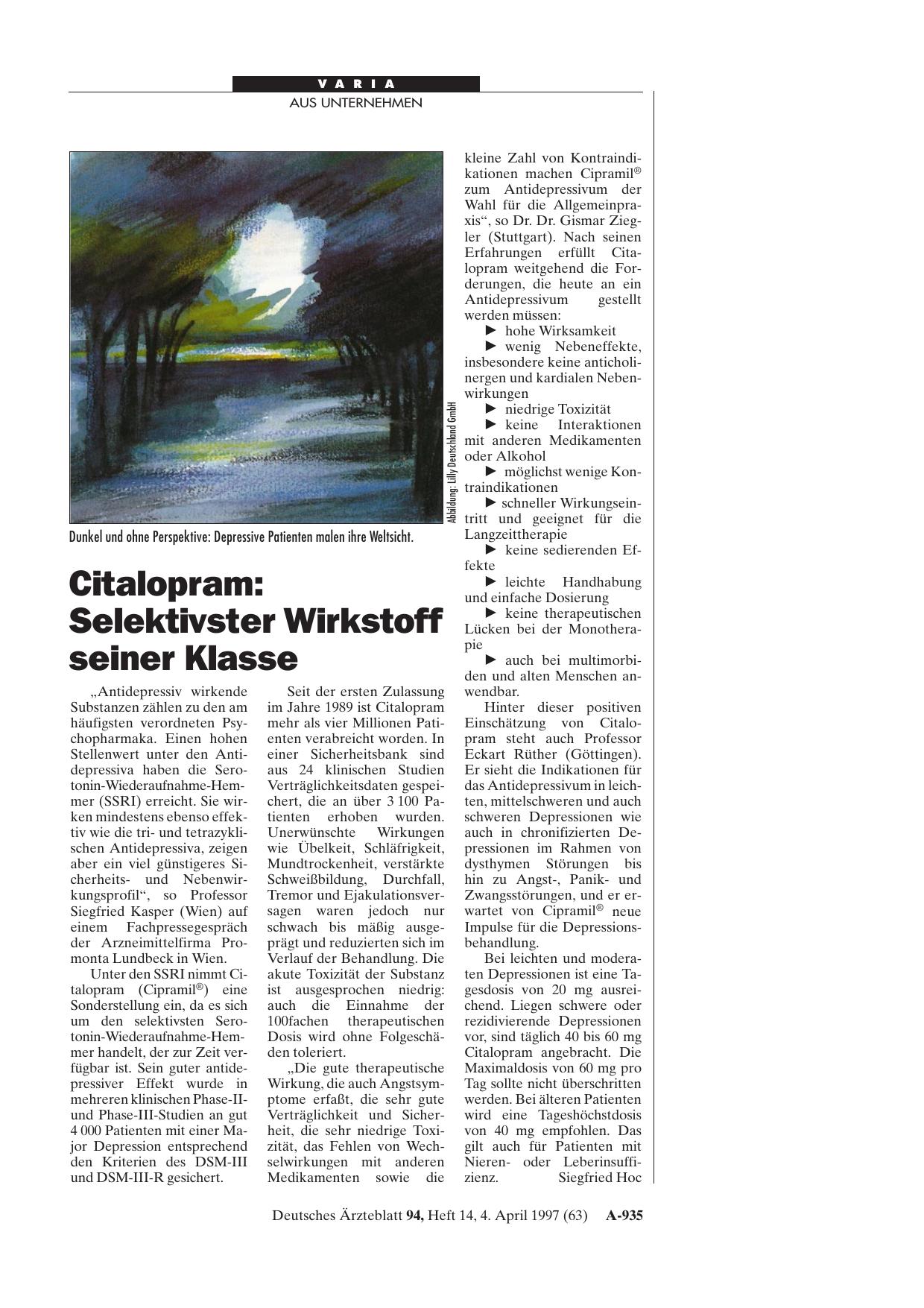 Vorschauseite 1: Citalopram: Selektivster Wirkstoff seiner Klasse