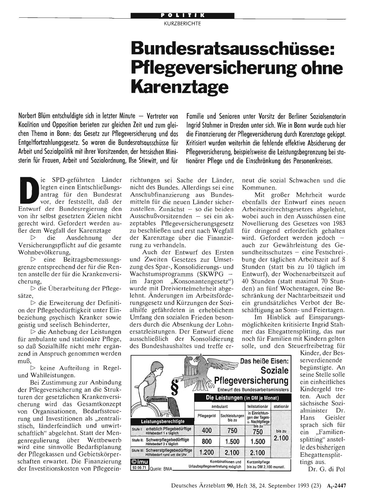 Vorschauseite 1: Bundesratsausschüsse: Pflegeversicherung ohne Karenztage