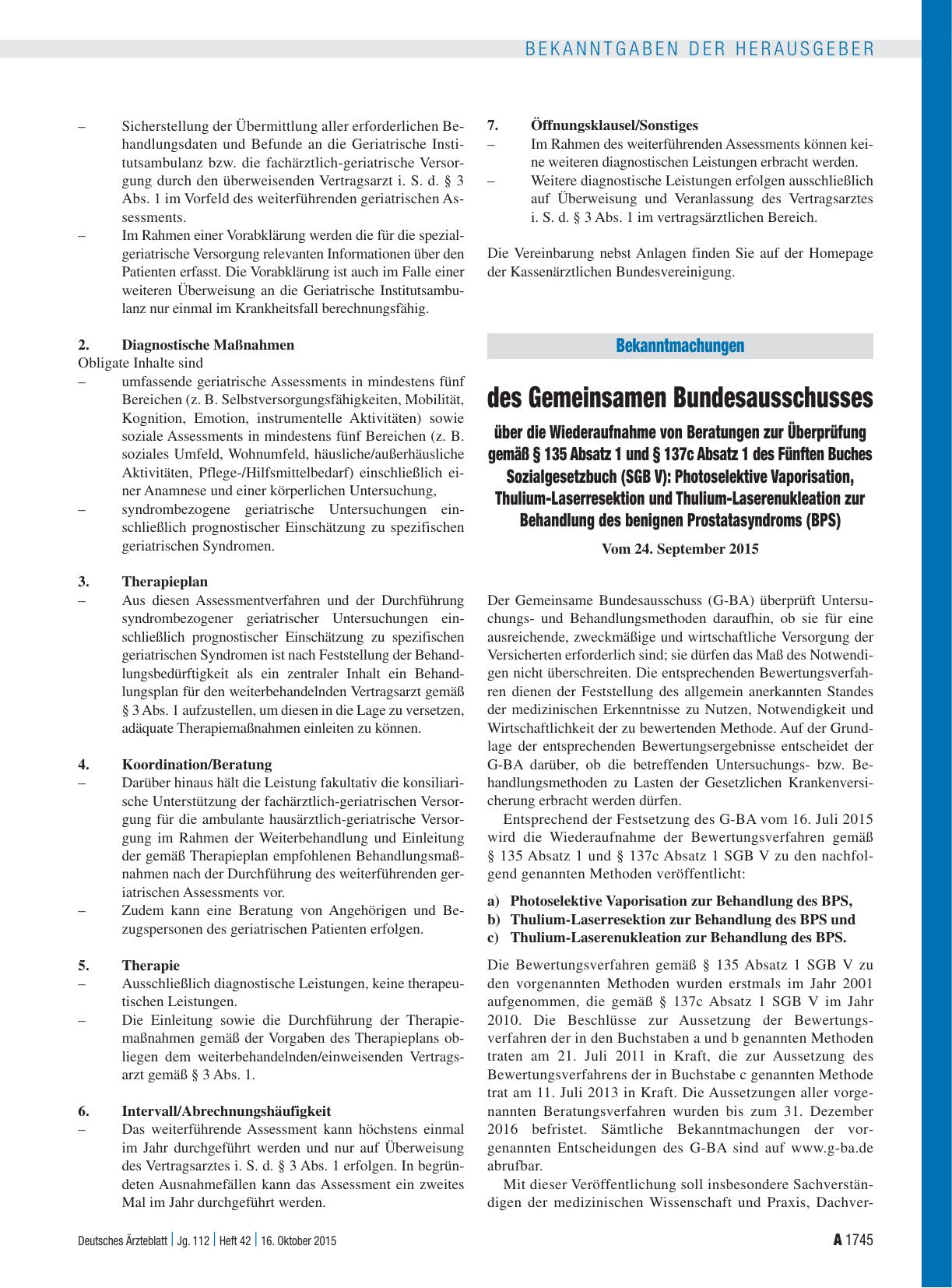 Vorschauseite 1: Bekanntmachungen des Gemeinsamen Bundesausschusses über die Wiederaufnahme von Beratungen zur Überprüfung gemäß § 135 Absatz 1 und § 137c Absatz 1 des Fünften Buches Sozialgesetzb…