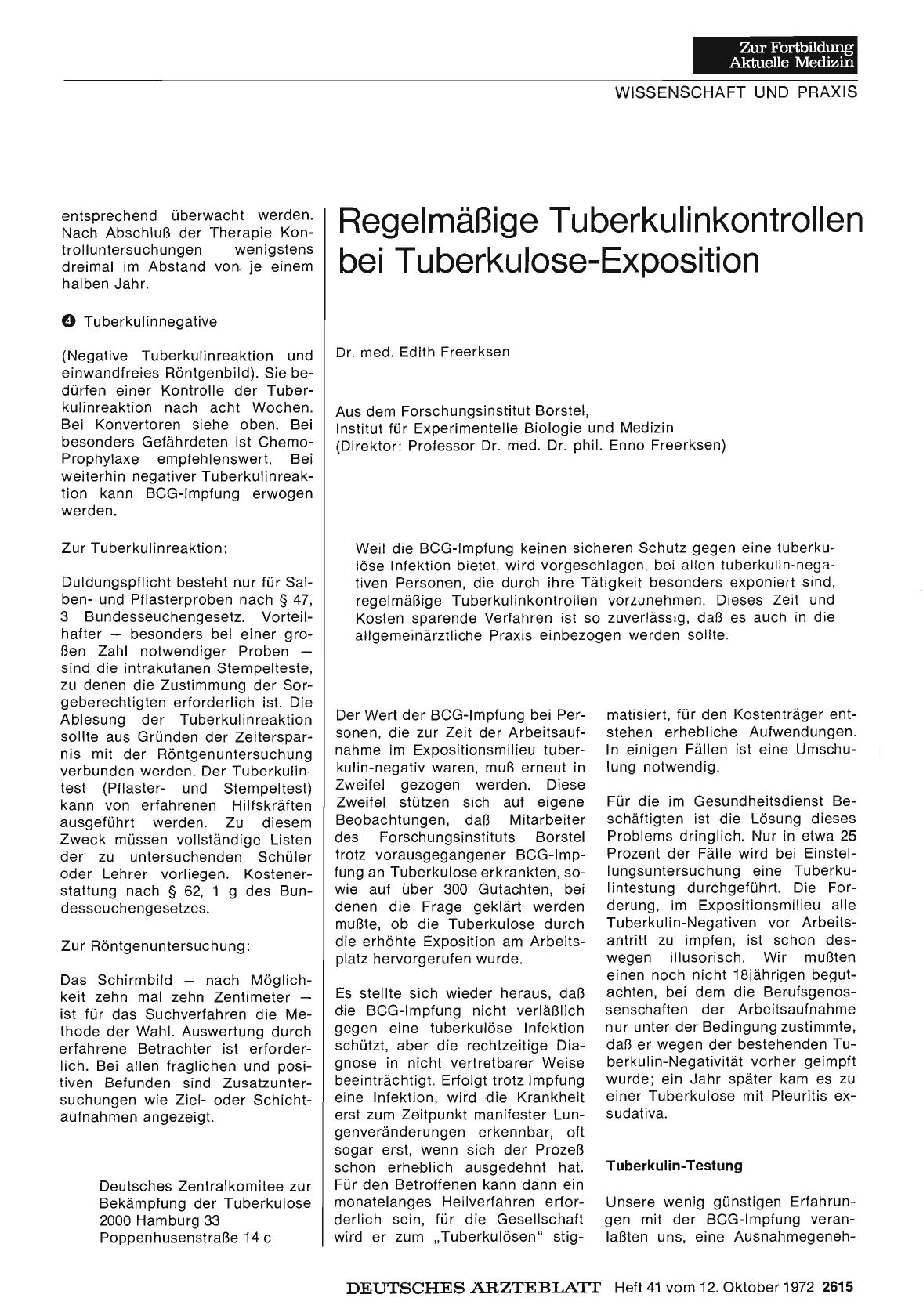 Vorschauseite 1: Regelmäßige Tuberkulinkontrollen bei Tuberkulose-Exposition