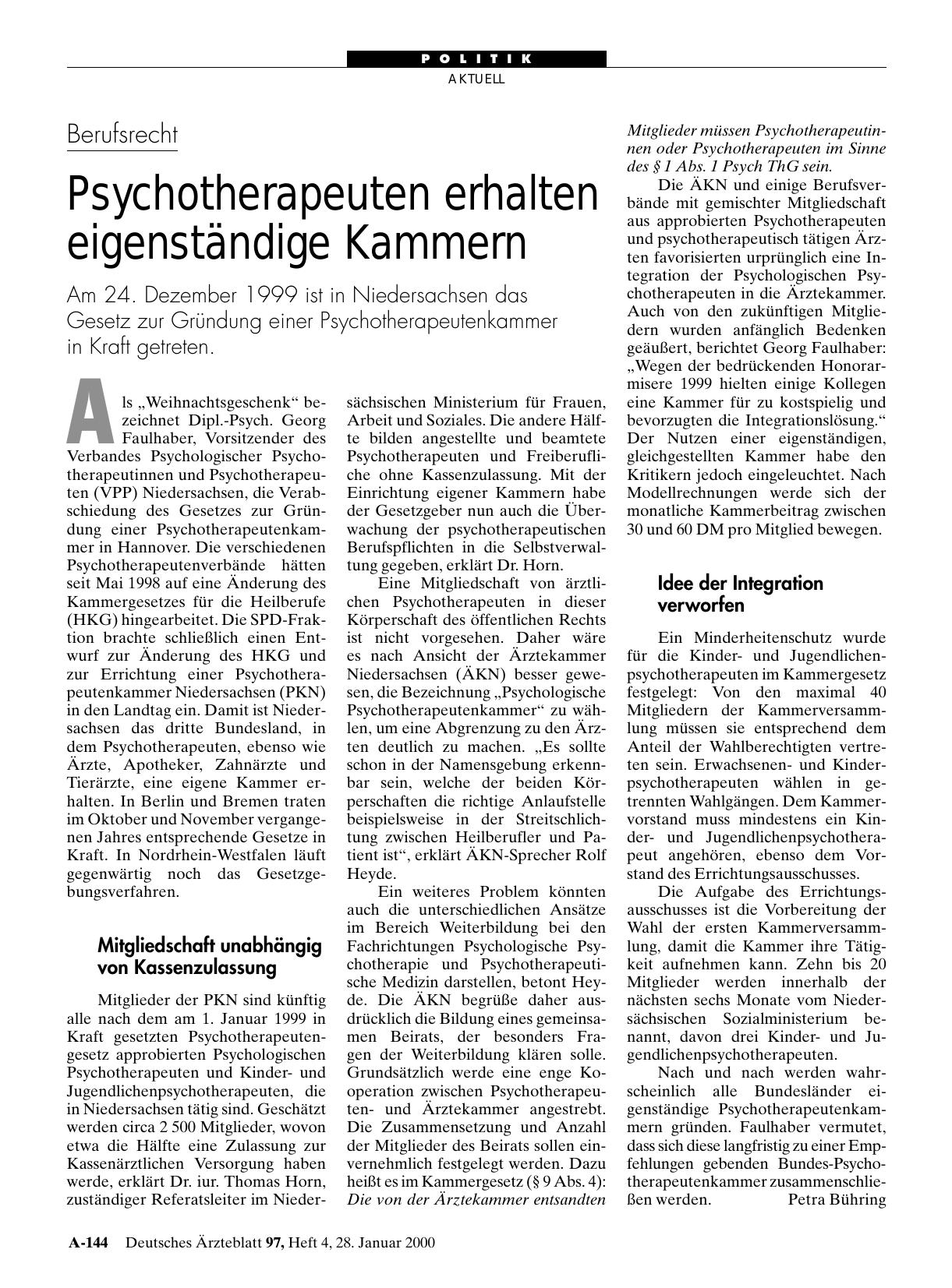 Vorschauseite 1: Berufsrecht: Psychotherapeuten erhalten eigenständige Kammern
