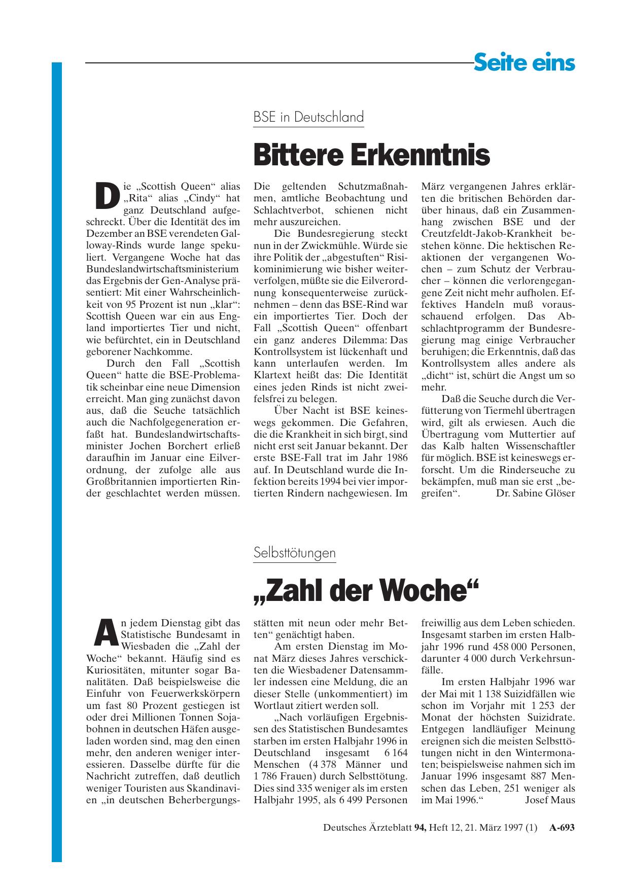 Vorschauseite 1: BSE in Deutschland: Bittere Erkenntnis