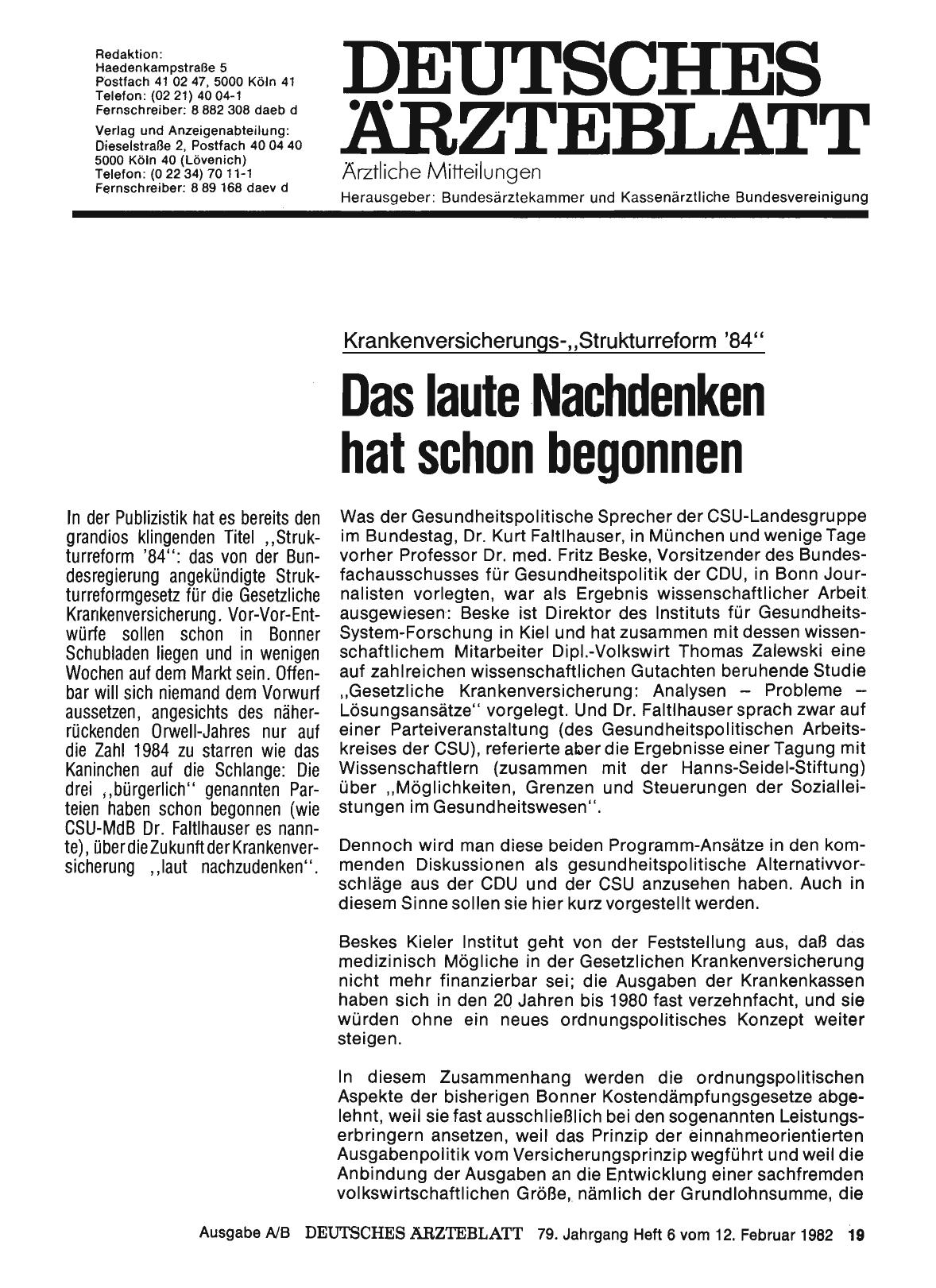 Vorschauseite 1: Krankenversicherungs-„Strukturreform '84“: Das laute Nachdenken hat schon begonnen