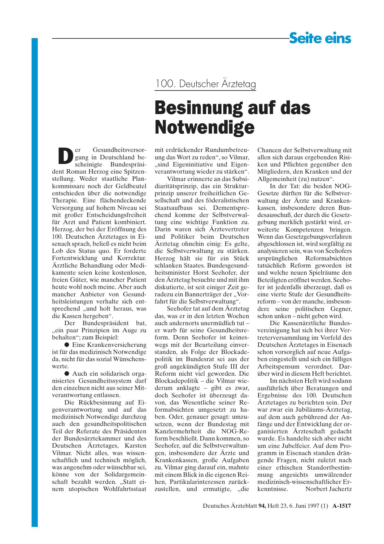 Vorschauseite 1: 100. Deutscher Ärztetag: Besinnung auf das Notwendige