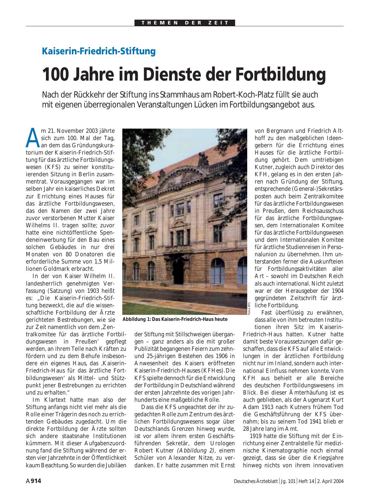 Vorschauseite 1: Kaiserin-Friedrich-Stiftung: 100 Jahre im Dienste der Fortbildung