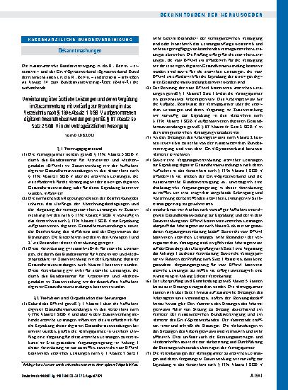 Vorschauseite 1: Vereinbarung über ärztliche Leistungen und deren Vergütung im Zusammenhang mit vorläufig zur Erprobung in das Verzeichnis nach § 139e Absatz 1 SGB V aufgenommenen digitalen Gesund…