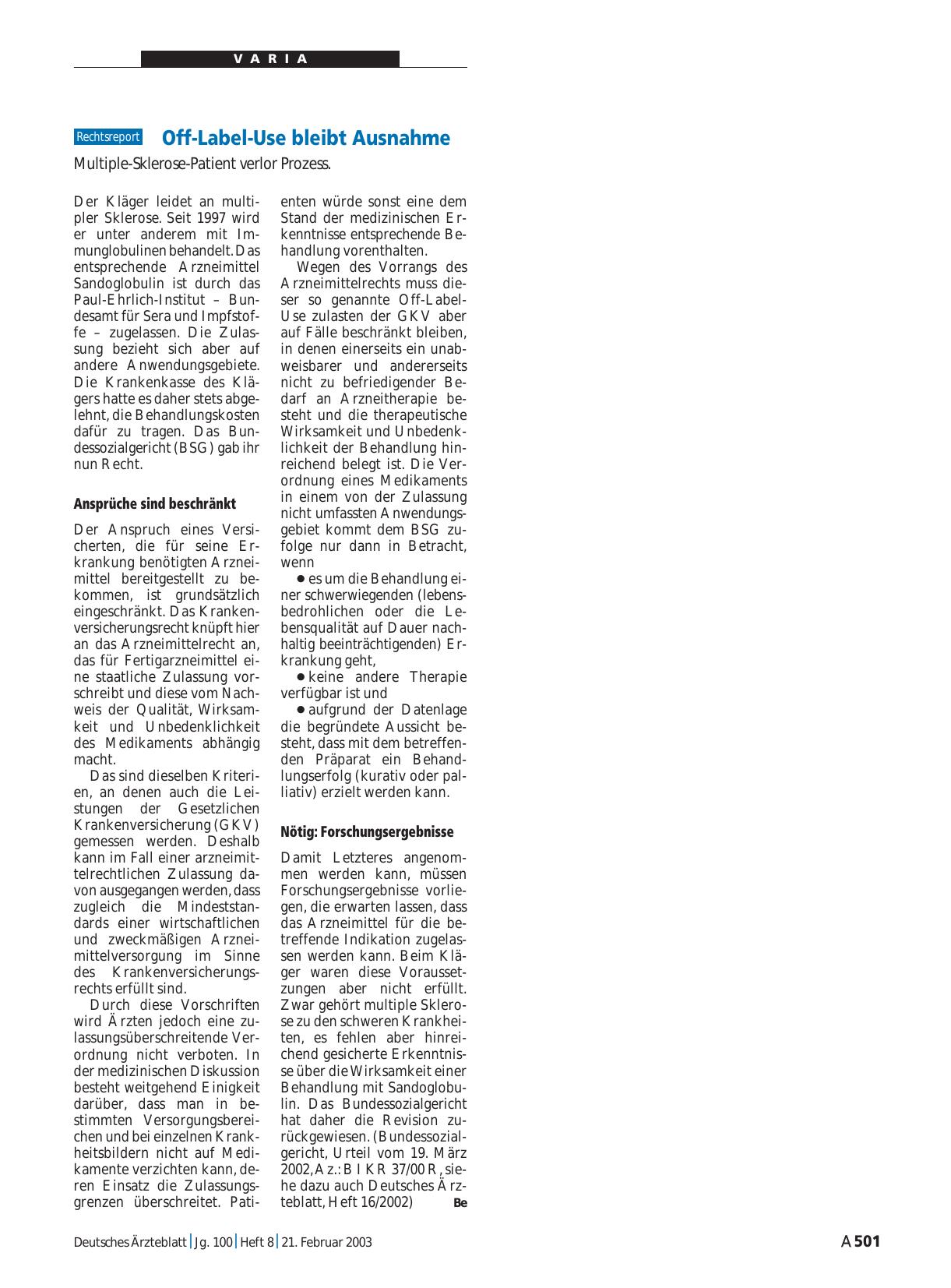Vorschauseite 1: Off-Label-Use bleibt Ausnahme: Multiple-Sklerose-Patient verlor Prozess