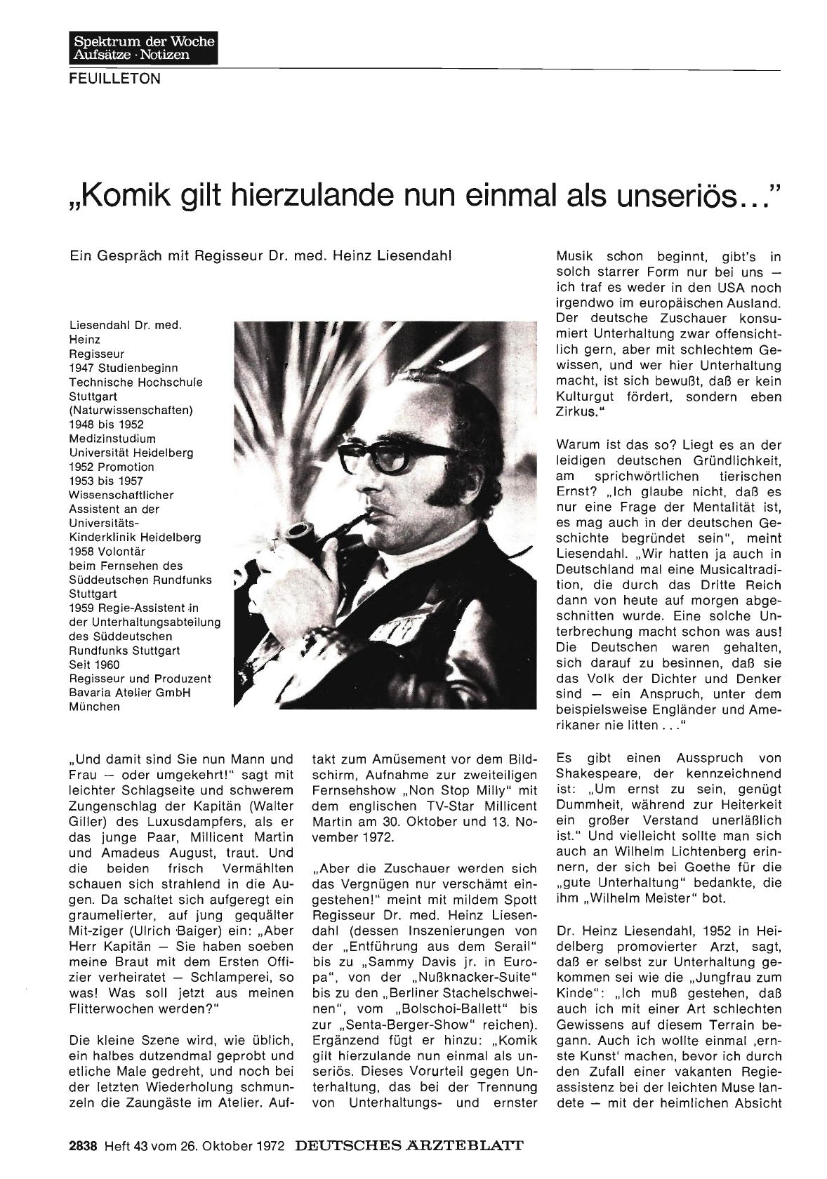 Vorschauseite 1: „Komik gilt hierzulande nun einmal als unseriös. .. " Ein Gespräch mit Regisseur Dr. med. Heinz Liesendahl